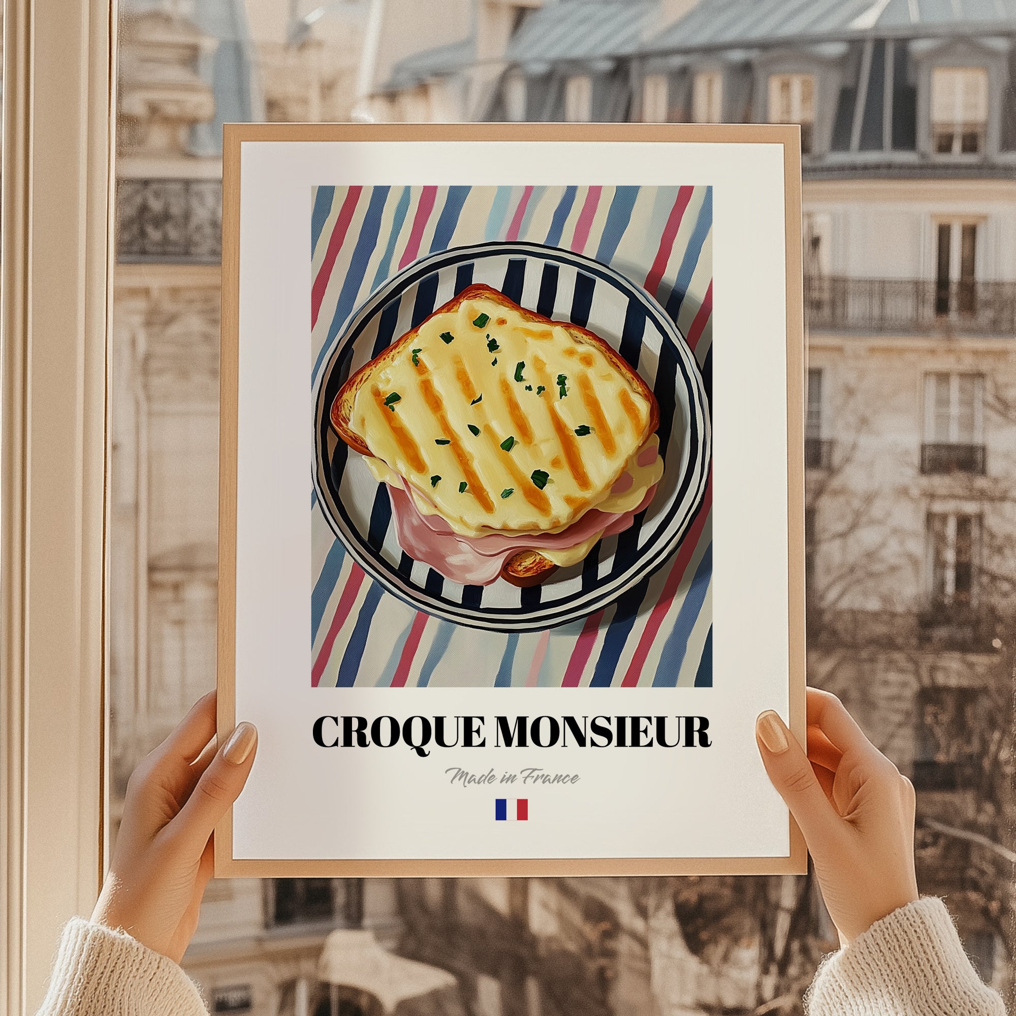 Croque Monsieur – on Striped Tablecloth, French Food Painting, styled in a charming Paris street view
