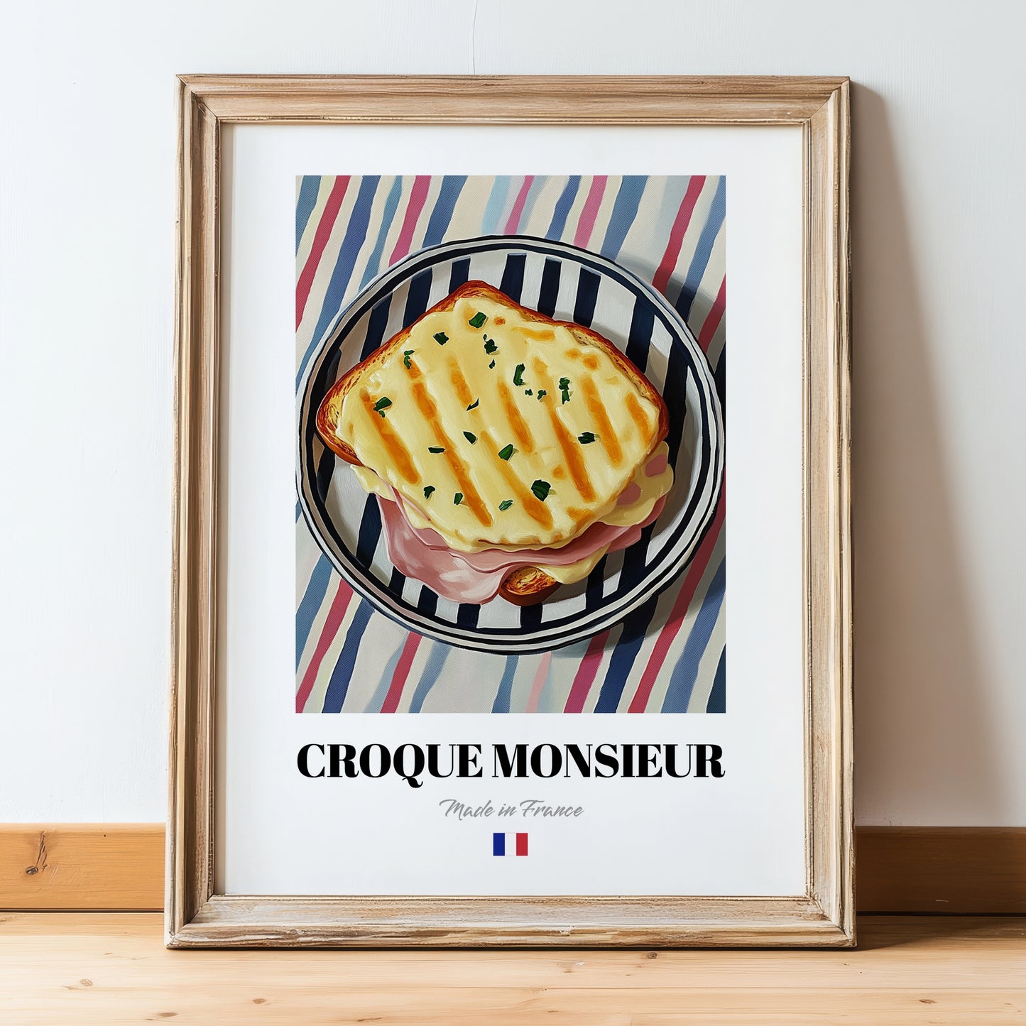 Croque Monsieur – on Striped Tablecloth, French Food Painting, in wooden frame leaning on the floor