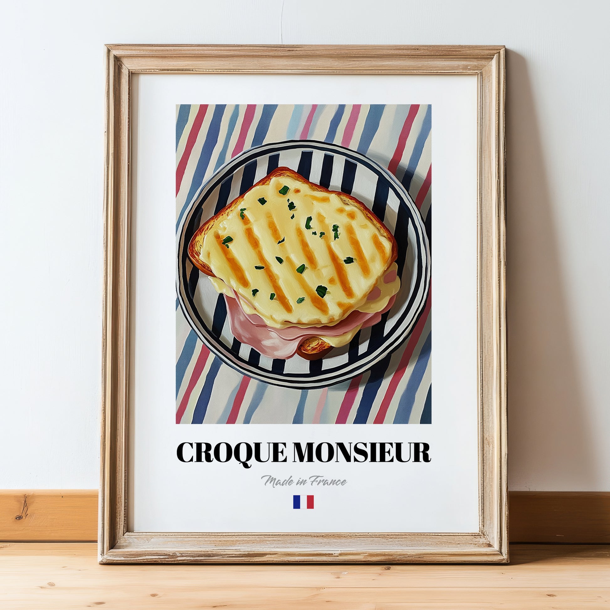 Croque Monsieur – on Striped Tablecloth, French Food Painting, in wooden frame leaning on the floor