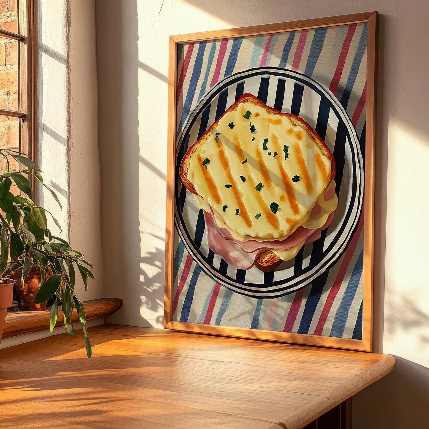 Croque Monsieur – on Striped Tablecloth, French Food Painting, clean layout with no caption