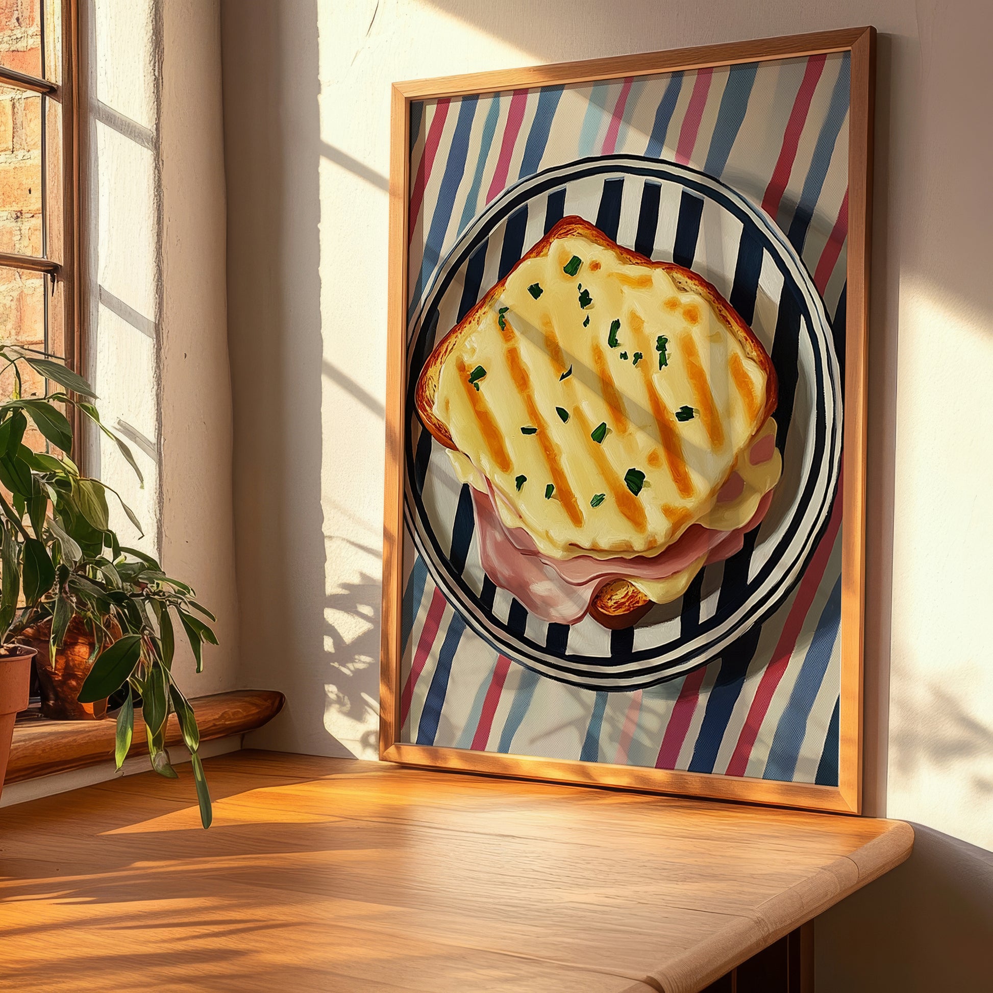 Croque Monsieur – on Striped Tablecloth, French Food Painting, clean layout with no caption