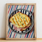 Croque Monsieur – on Striped Tablecloth, French Food Painting, no-text version framed in wood
