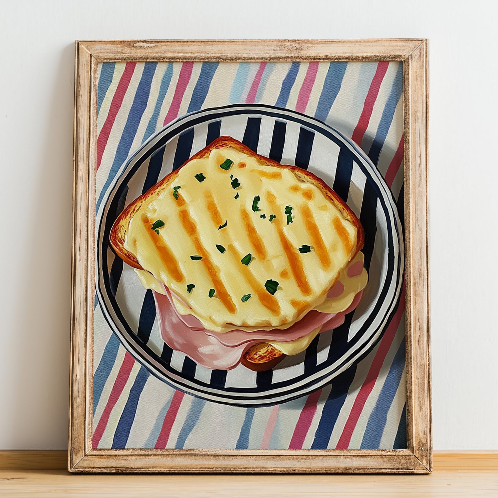 Croque Monsieur – on Striped Tablecloth, French Food Painting, no-text version framed in wood