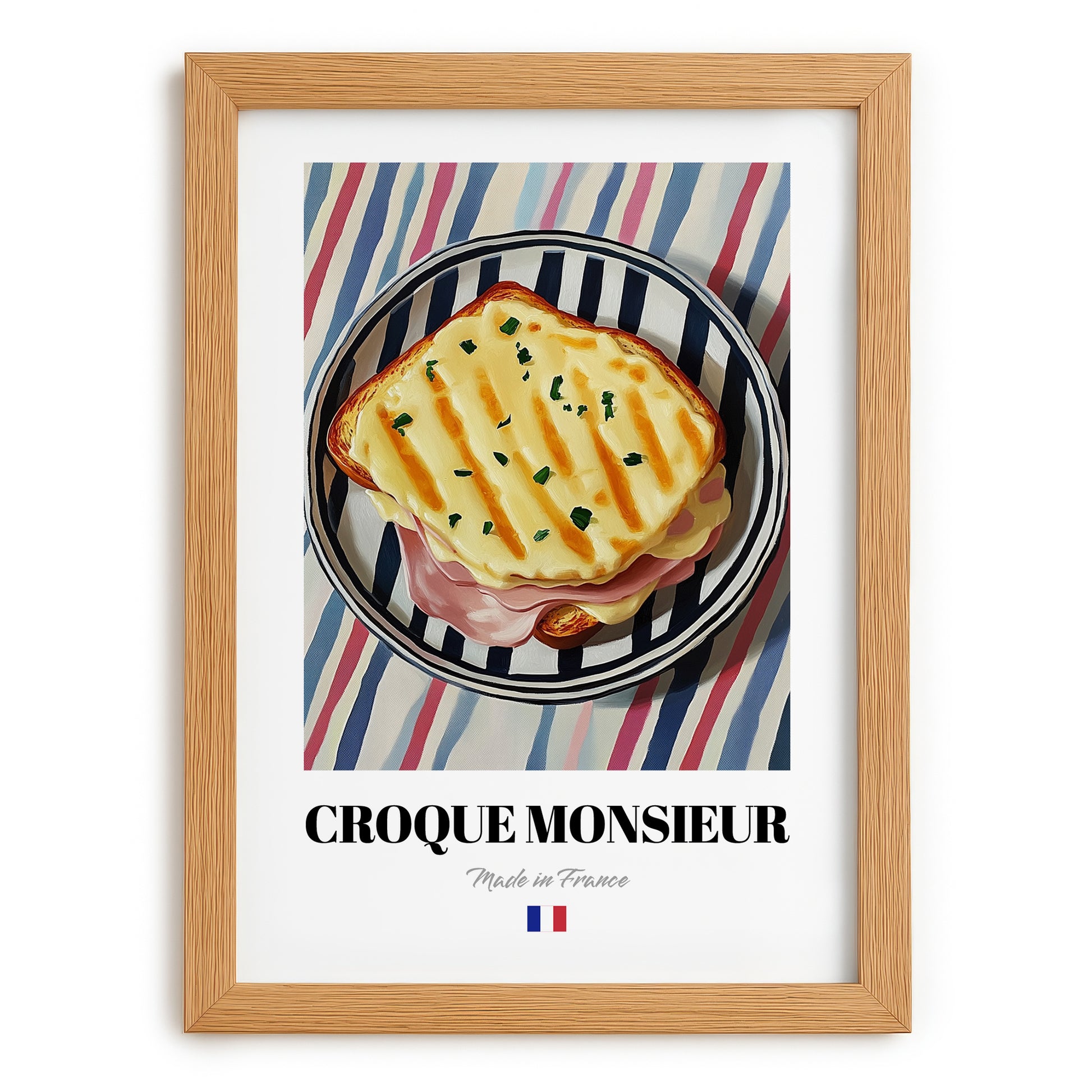 Croque Monsieur – on Striped Tablecloth, French Food Painting, set in oak frame