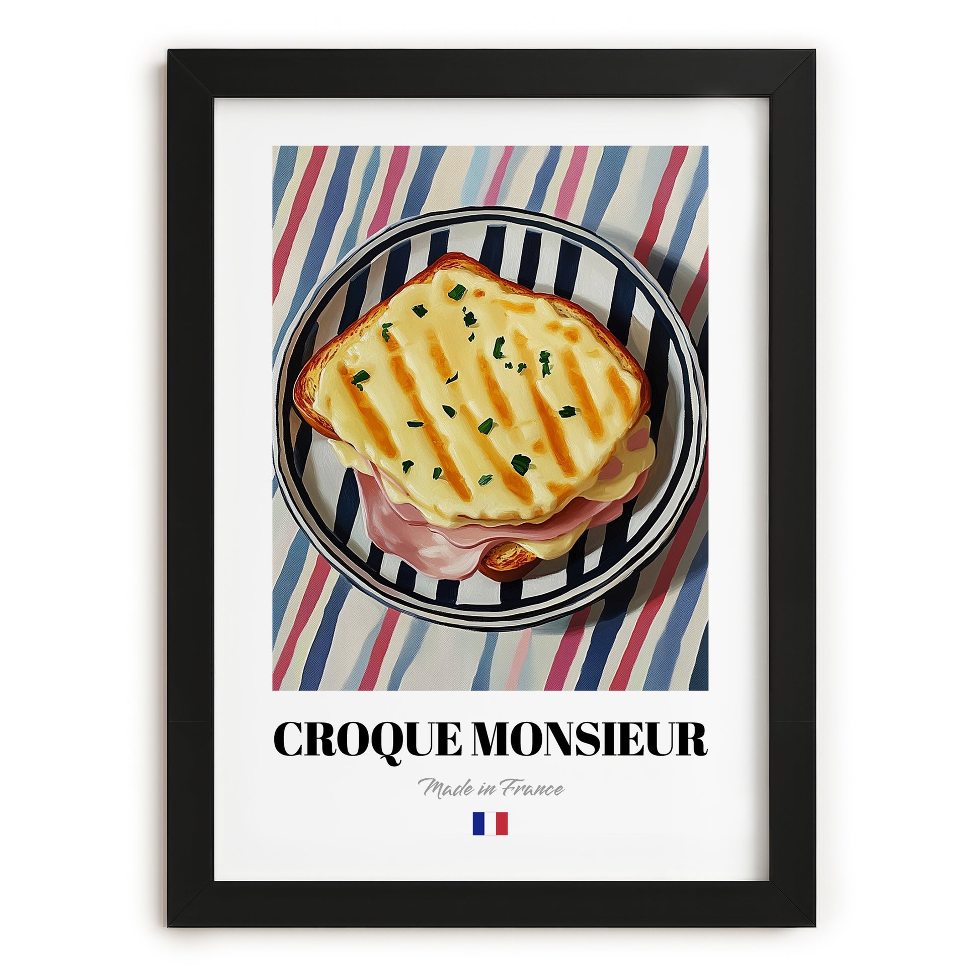 Croque Monsieur – on Striped Tablecloth, French Food Painting, in sleek black frame