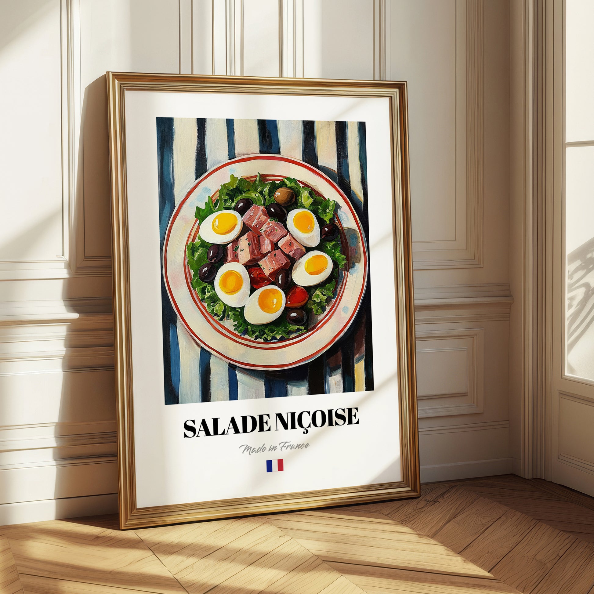 Salade Niçoise – on Striped Tablecloth, French Food Painting