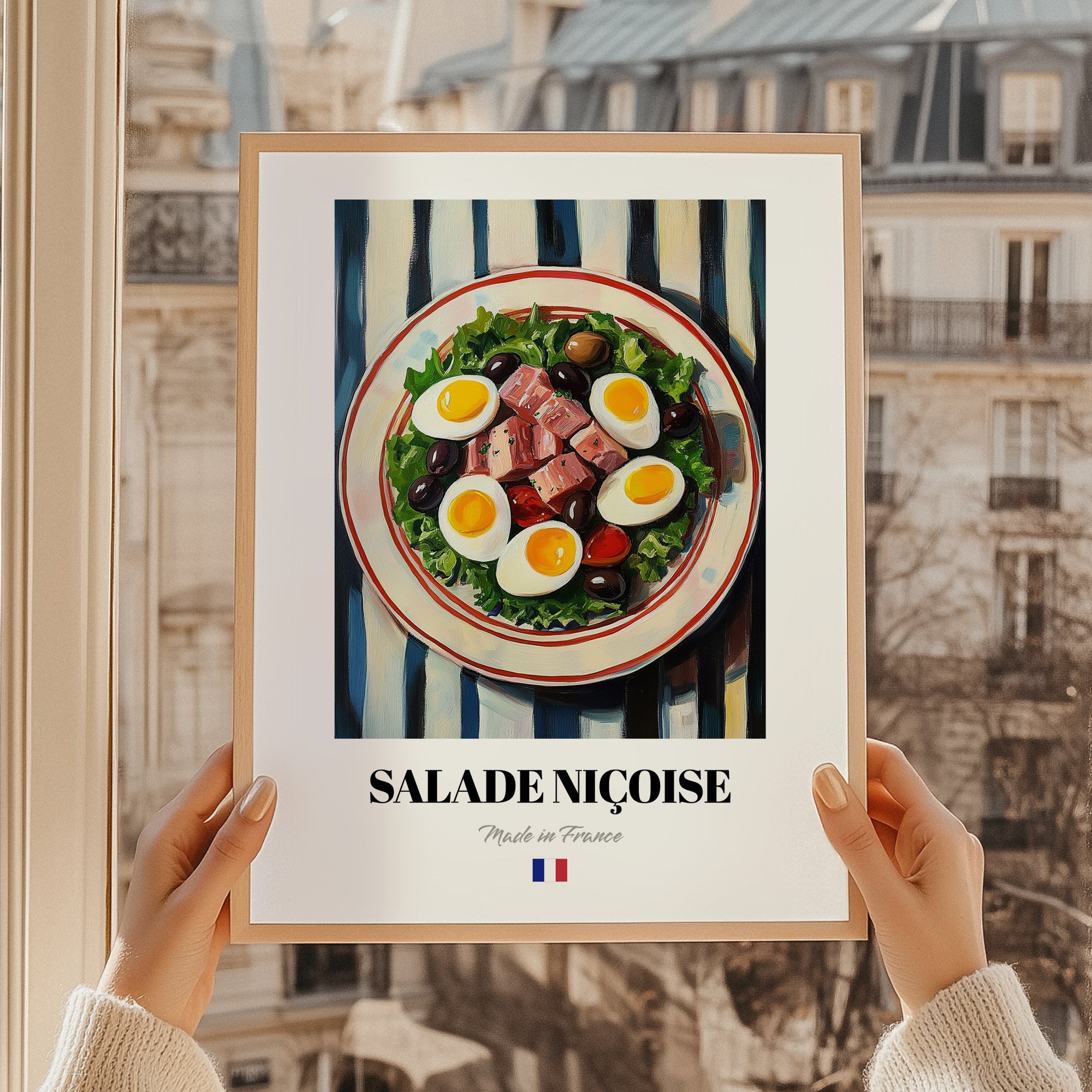 Salade Niçoise – on Striped Tablecloth, French Food Painting, styled in a charming Paris street view