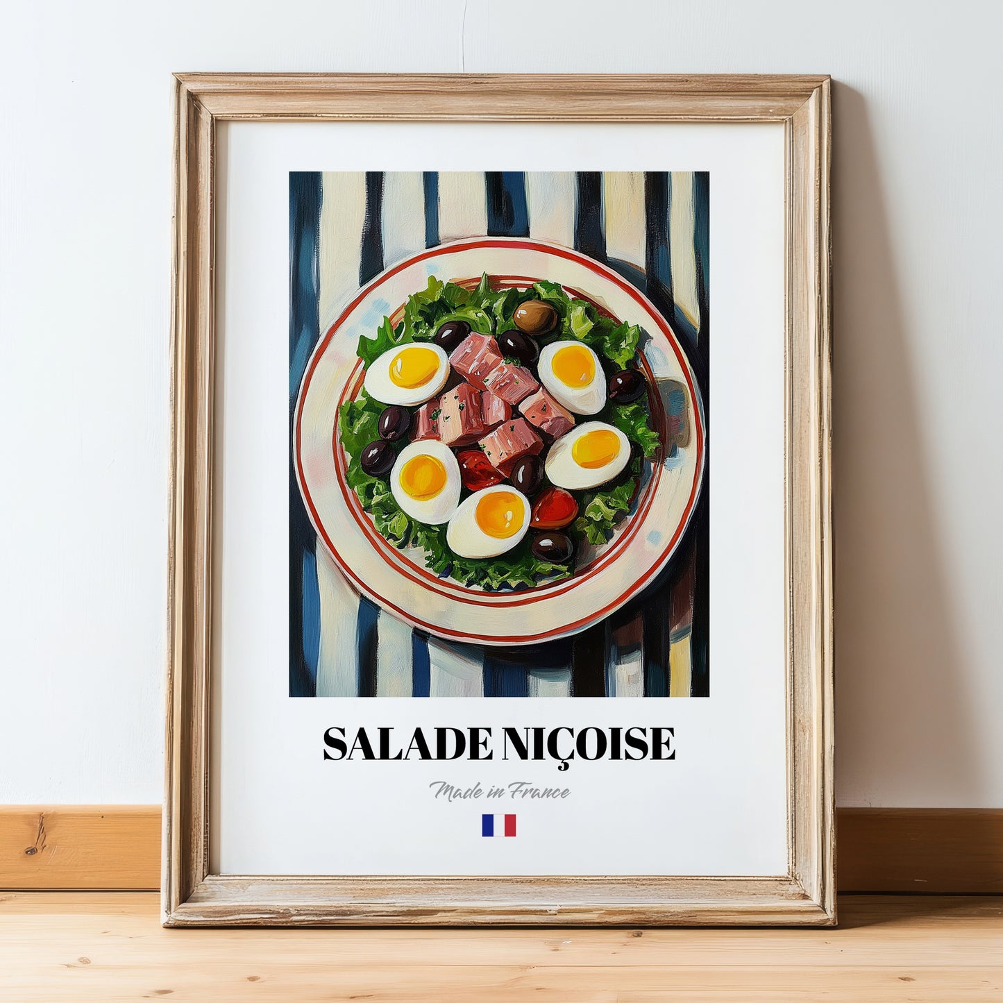Salade Niçoise – on Striped Tablecloth, French Food Painting, in wooden frame leaning on the floor