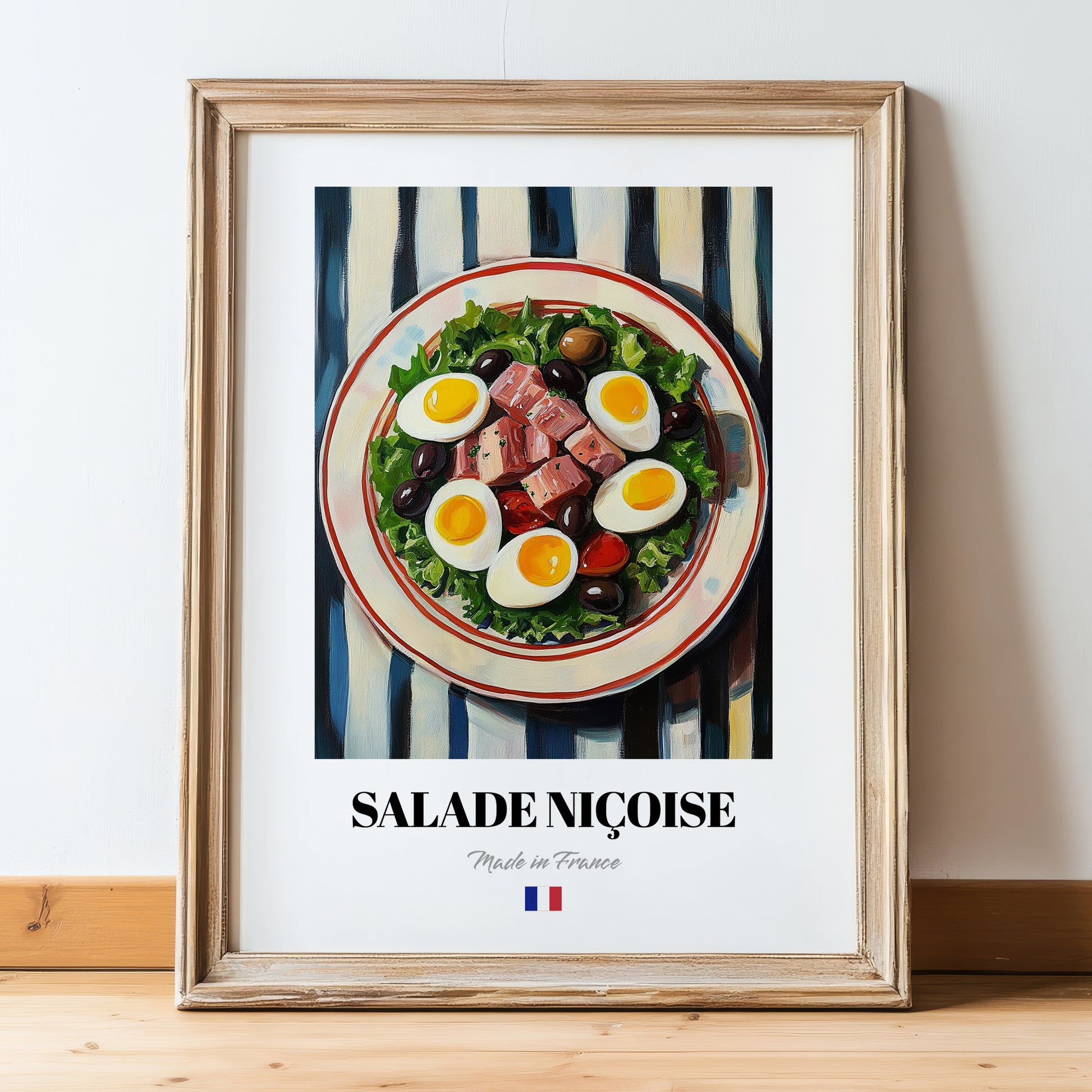 Salade Niçoise – on Striped Tablecloth, French Food Painting, in wooden frame leaning on the floor