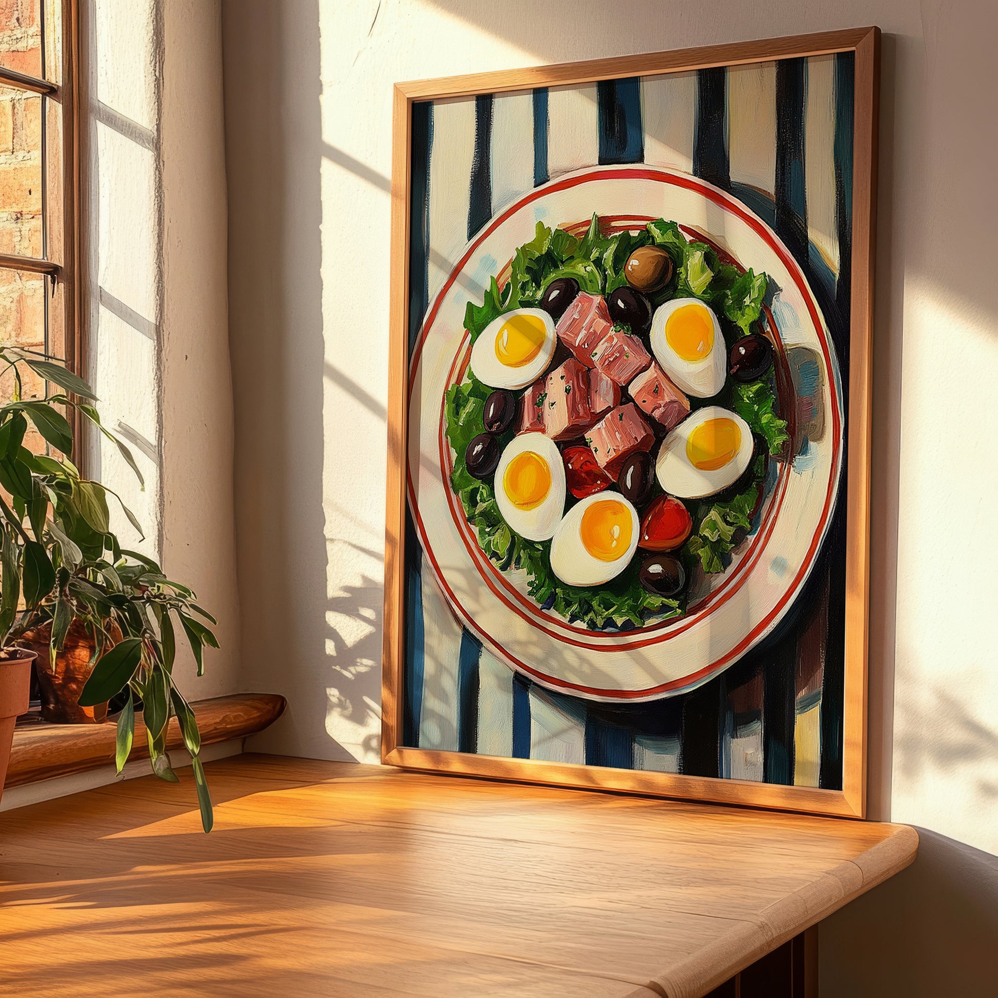 Salade Niçoise – on Striped Tablecloth, French Food Painting, clean layout with no caption
