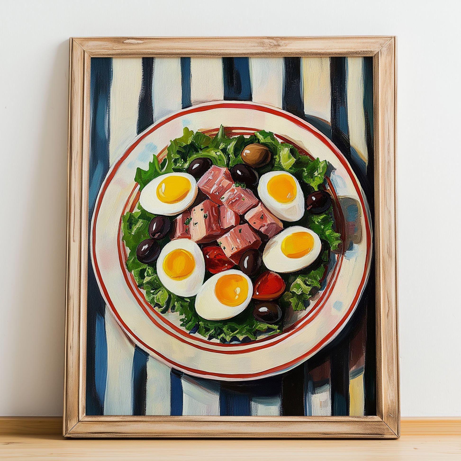 Salade Niçoise – on Striped Tablecloth, French Food Painting, no-text version framed in wood