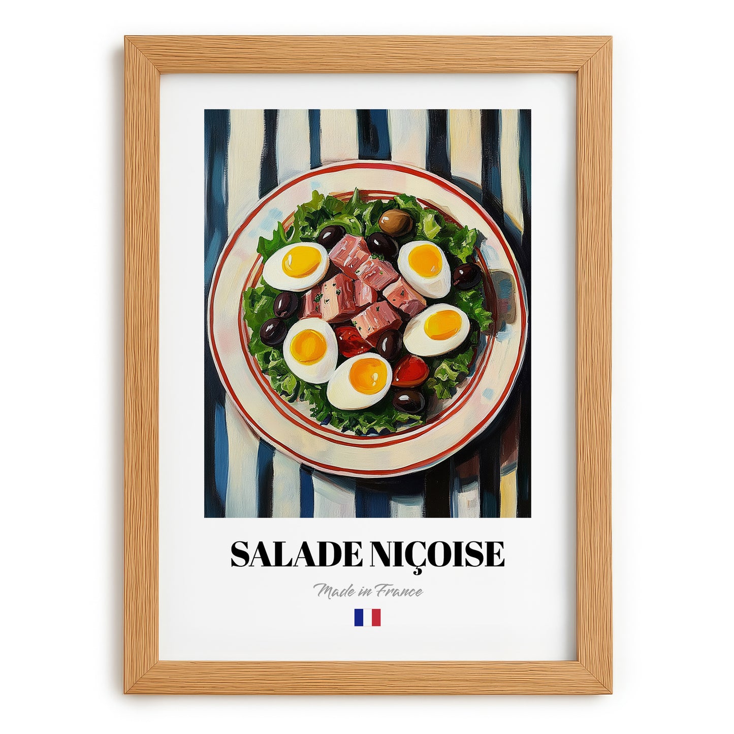 Salade Niçoise – on Striped Tablecloth, French Food Painting, set in oak frame