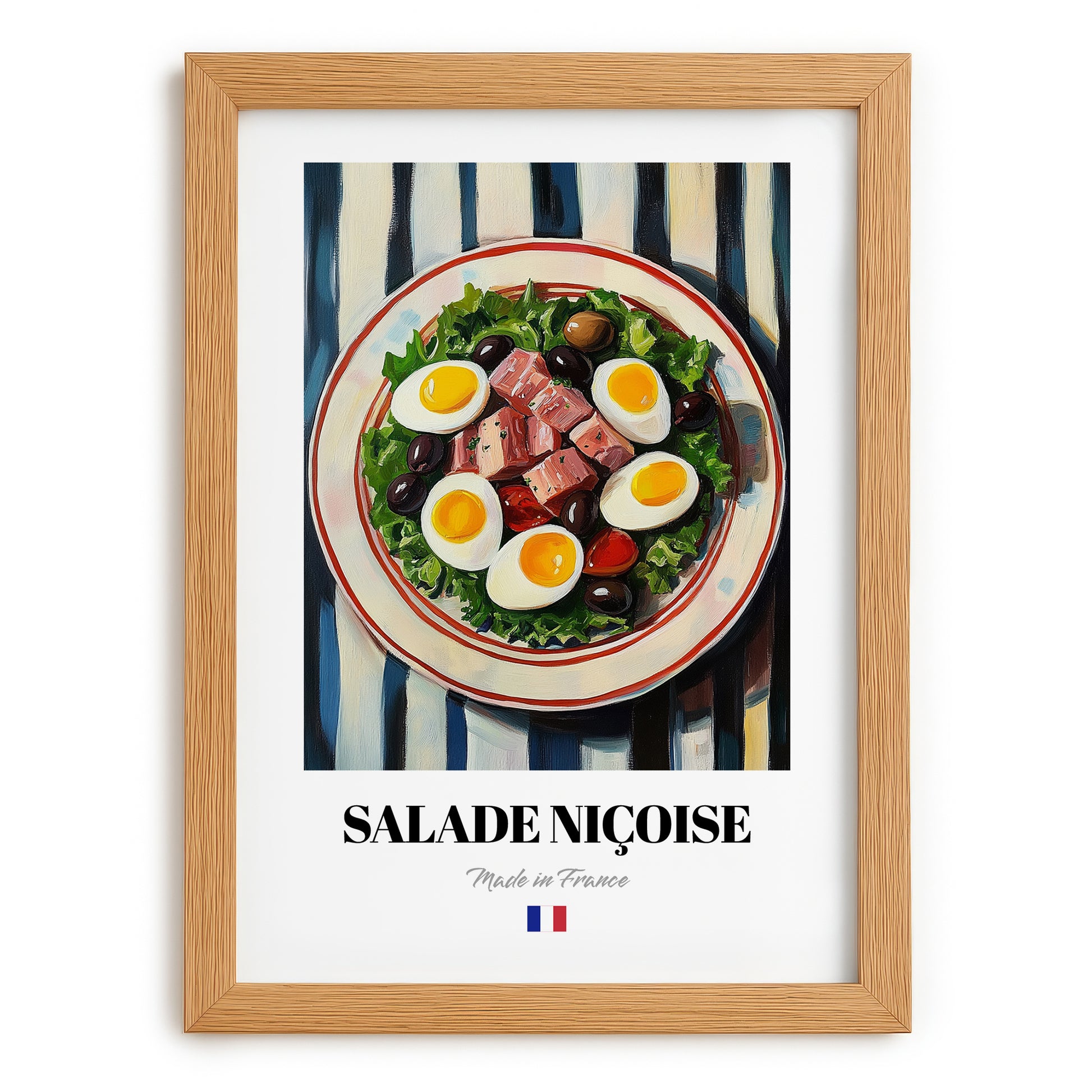Salade Niçoise – on Striped Tablecloth, French Food Painting, set in oak frame