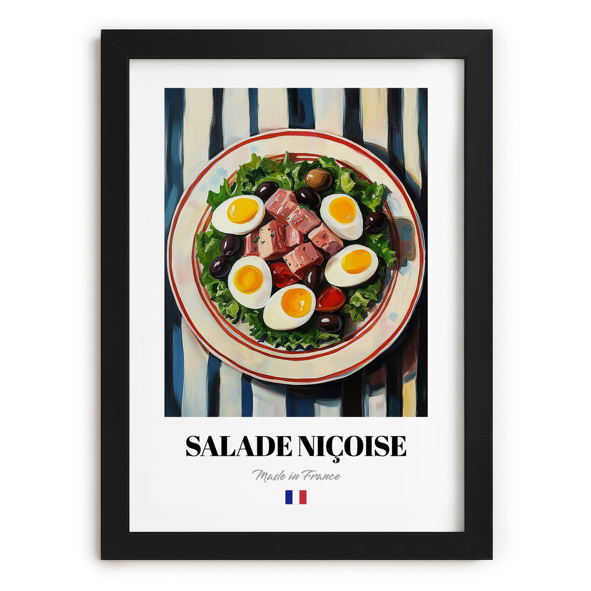 Salade Niçoise – on Striped Tablecloth, French Food Painting, in sleek black frame
