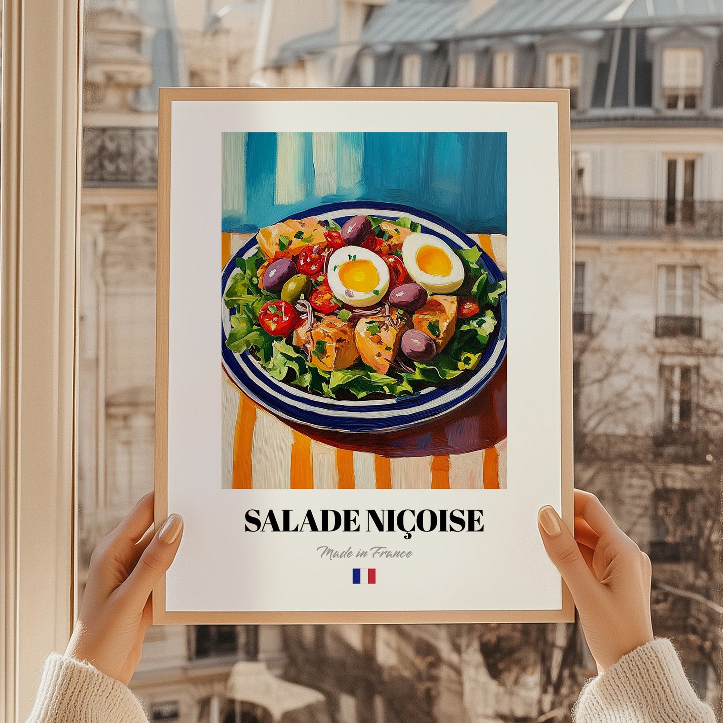 Salade Niçoise – Colorful Oil Painting, French Food Wall Decor, styled in a charming Paris street view