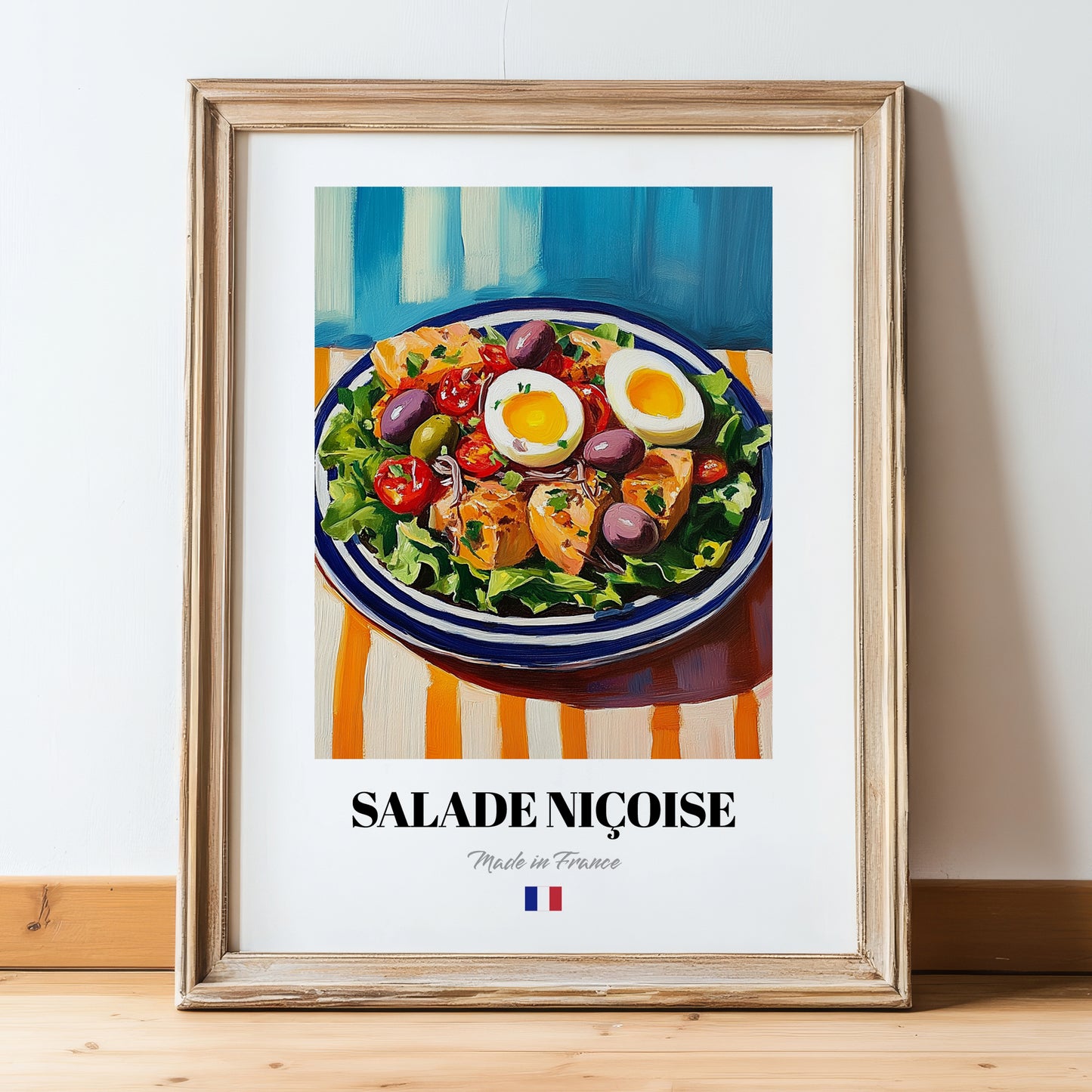 Salade Niçoise – Colorful Oil Painting, French Food Wall Decor, in wooden frame leaning on the floor