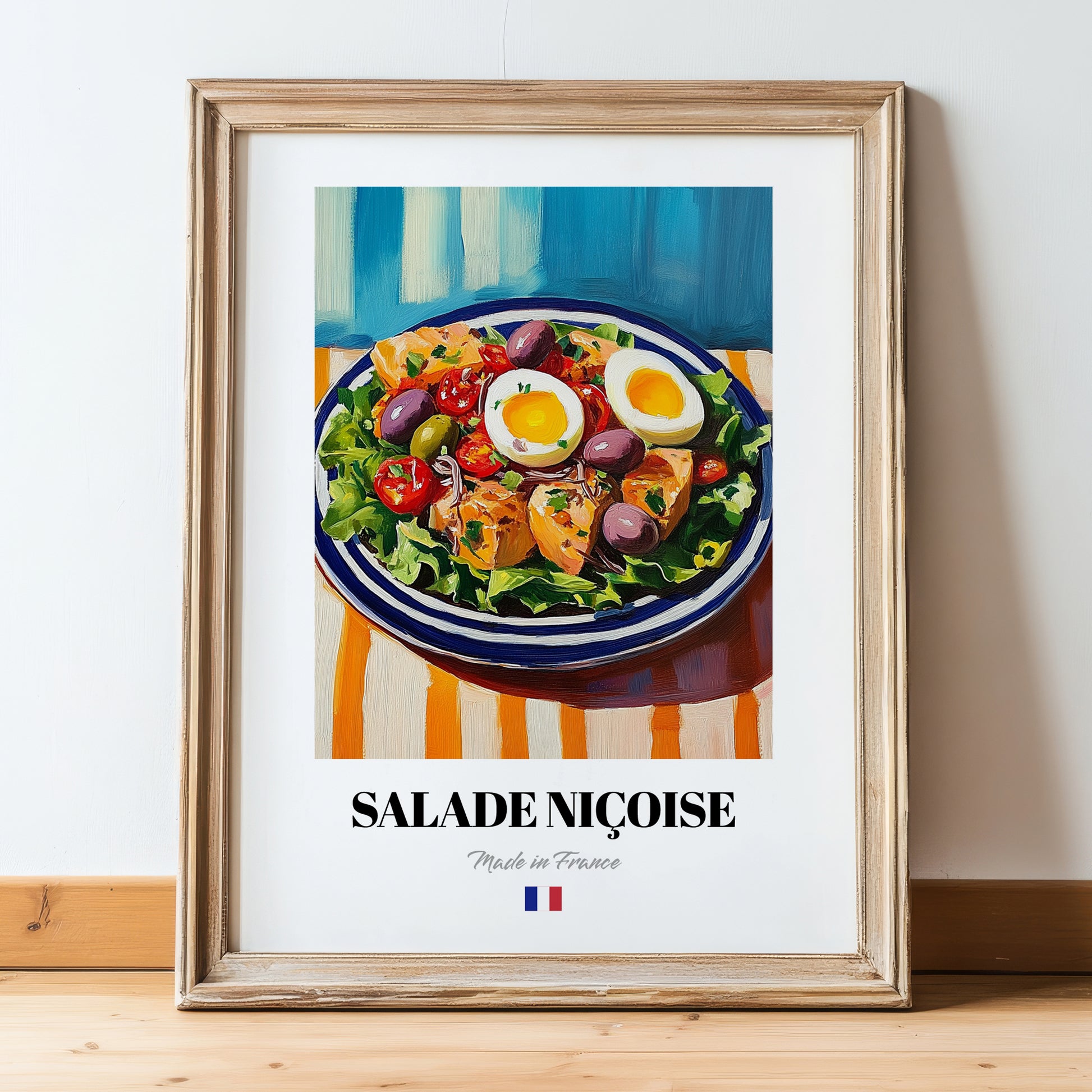 Salade Niçoise – Colorful Oil Painting, French Food Wall Decor, in wooden frame leaning on the floor
