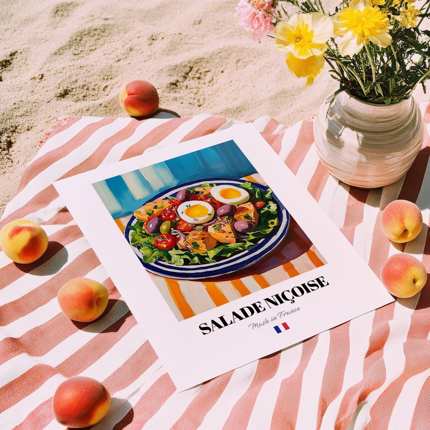 Salade Niçoise – Colorful Oil Painting, French Food Wall Decor, unframed on coastal sand