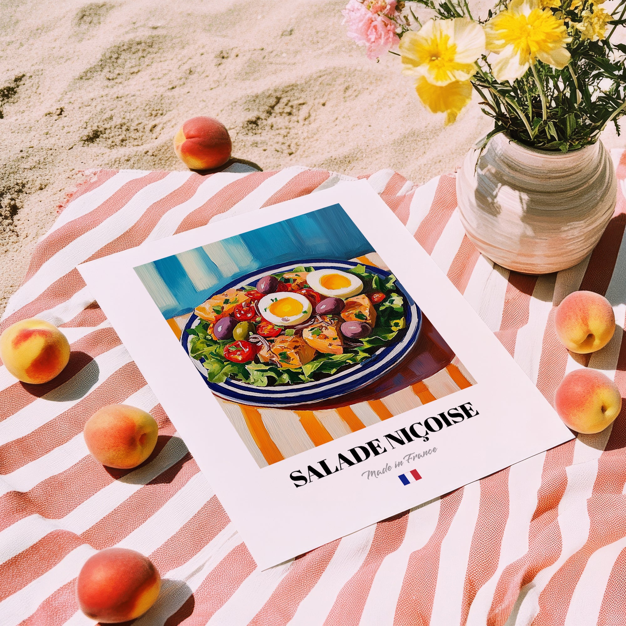 Salade Niçoise – Colorful Oil Painting, French Food Wall Decor, unframed on coastal sand