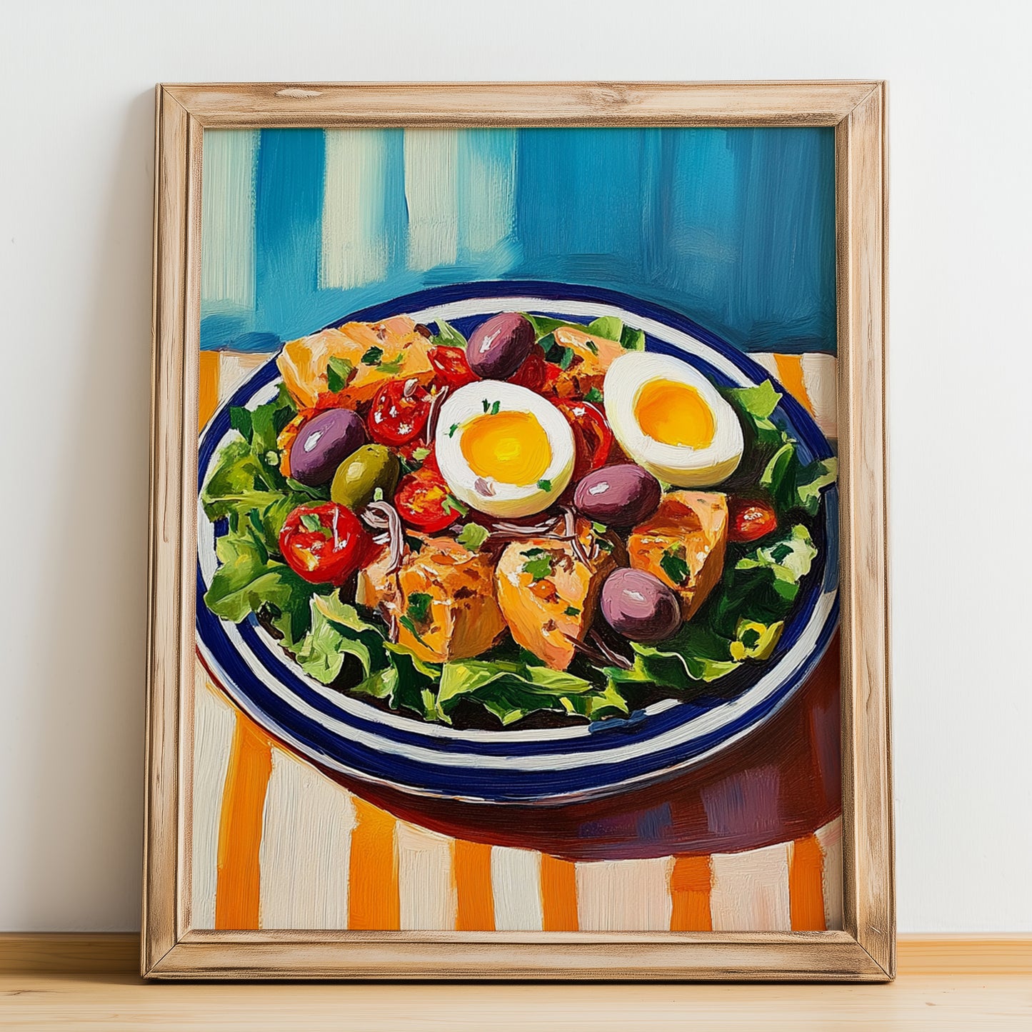 Salade Niçoise – Colorful Oil Painting, French Food Wall Decor, no-text version framed in wood