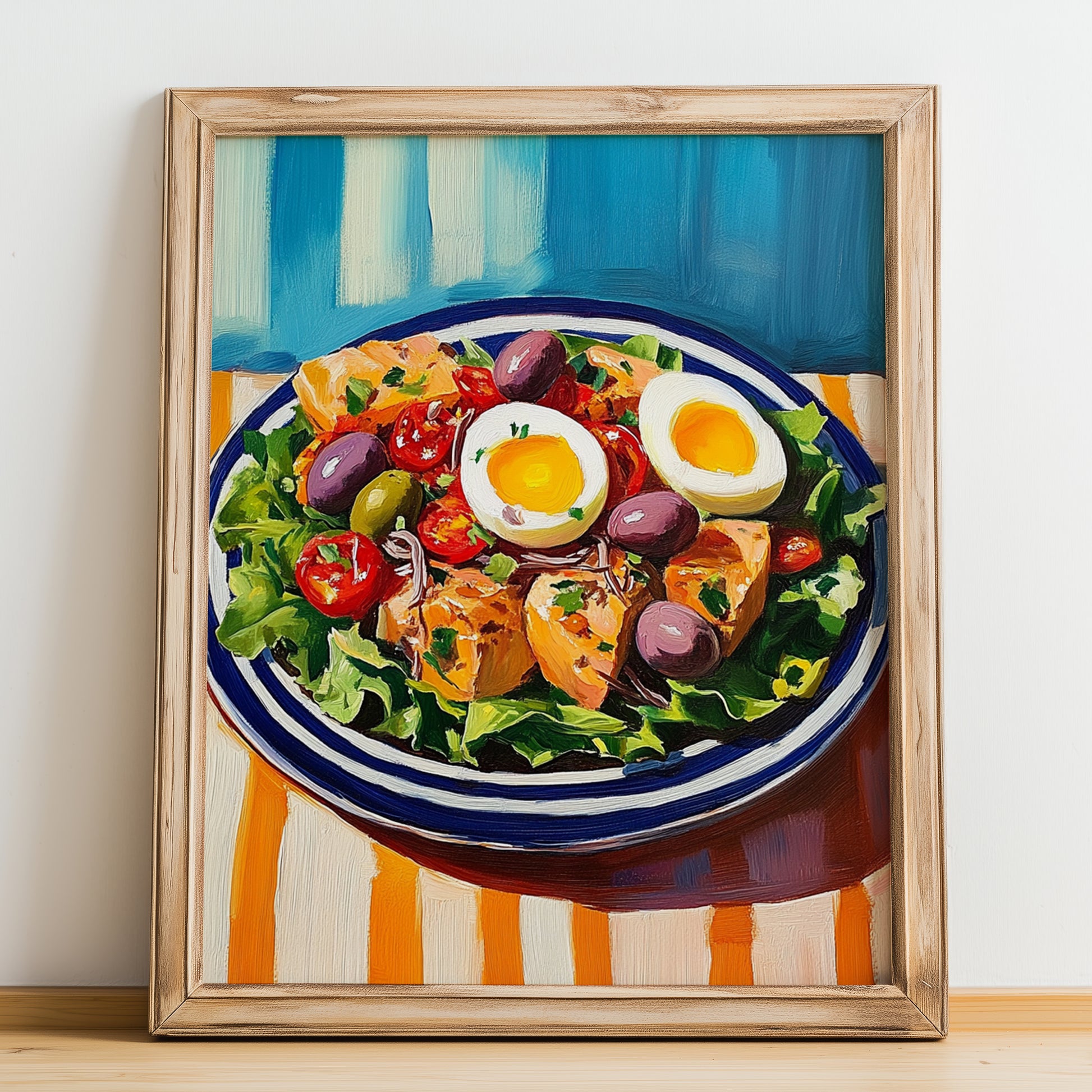 Salade Niçoise – Colorful Oil Painting, French Food Wall Decor, no-text version framed in wood