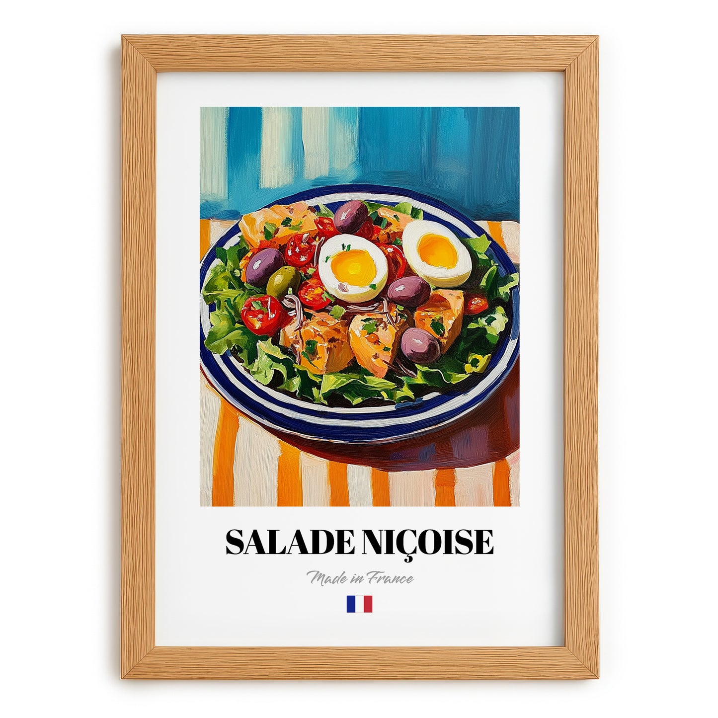 Salade Niçoise – Colorful Oil Painting, French Food Wall Decor, set in oak frame