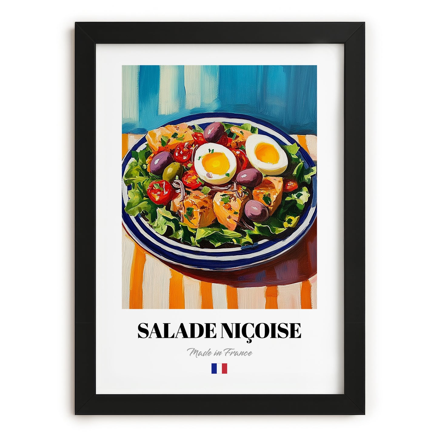 Salade Niçoise – Colorful Oil Painting, French Food Wall Decor, in sleek black frame