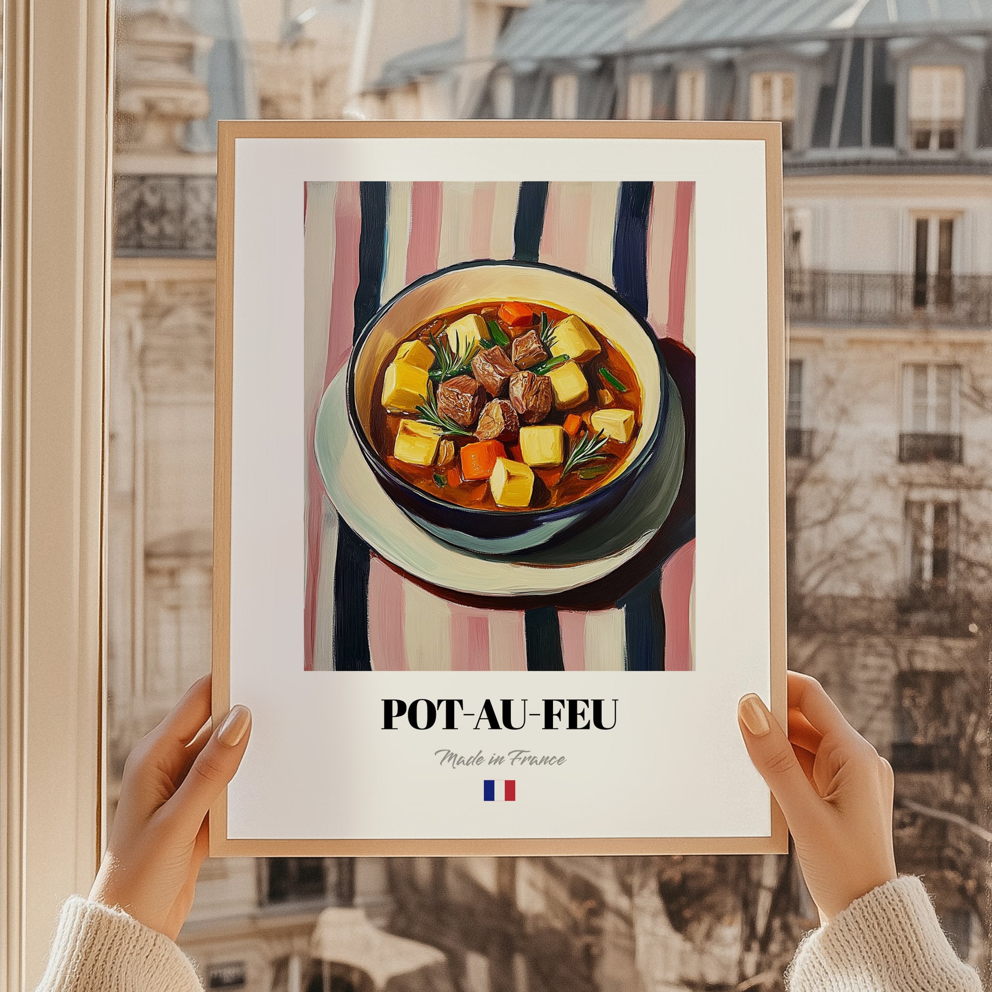 Pot-au-feu – on Striped Tablecloth, French Food Painting, styled in a charming Paris street view