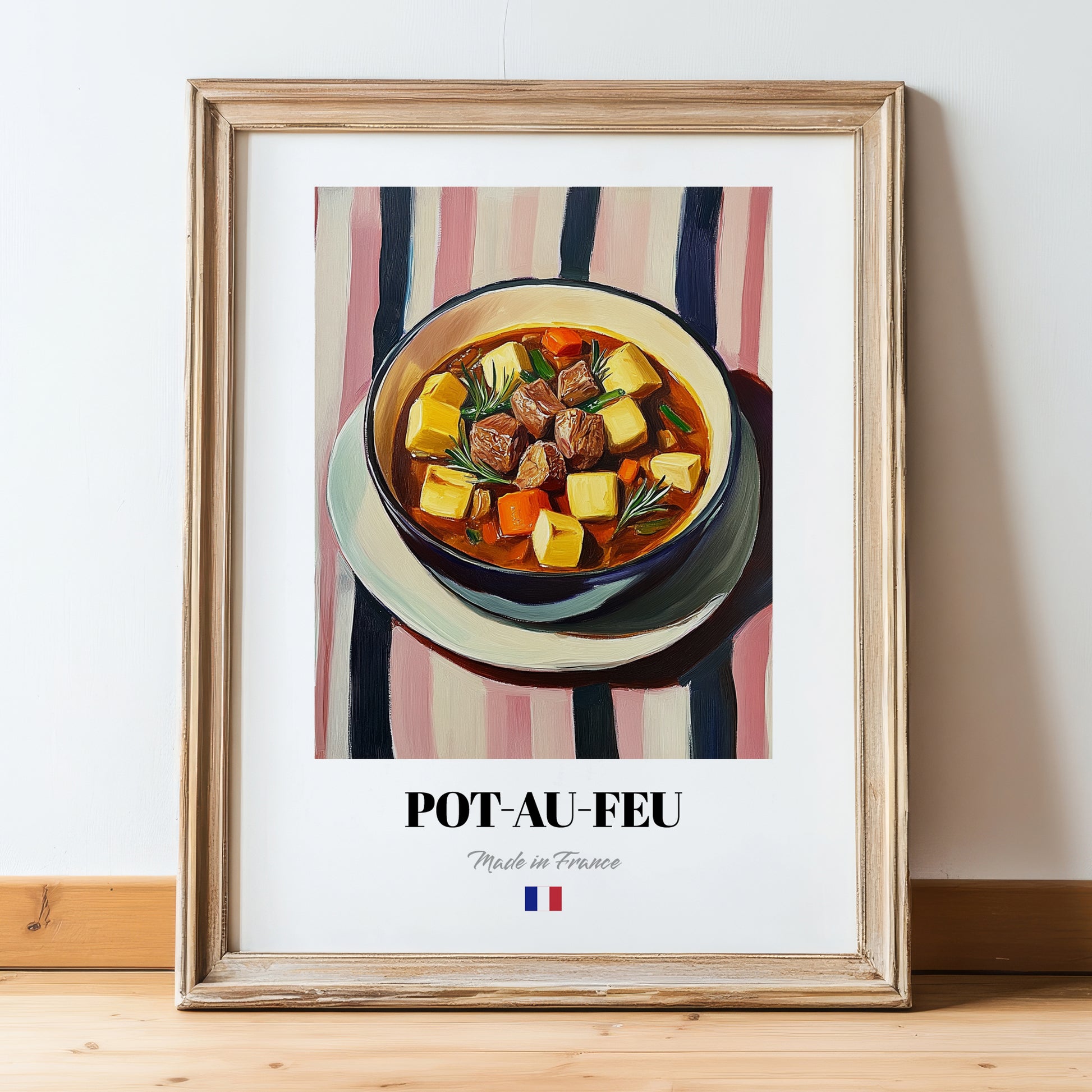 Pot-au-feu – on Striped Tablecloth, French Food Painting, in wooden frame leaning on the floor