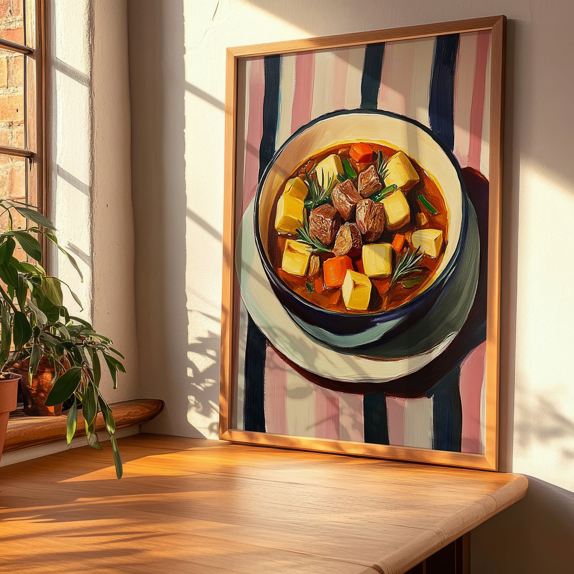 Pot-au-feu – on Striped Tablecloth, French Food Painting, clean layout with no caption