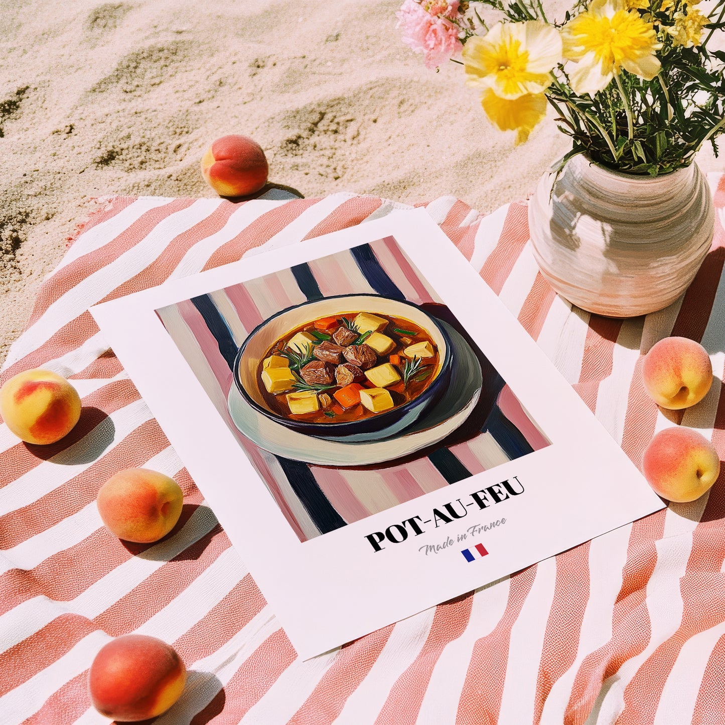 Pot-au-feu – on Striped Tablecloth, French Food Painting, unframed on coastal sand