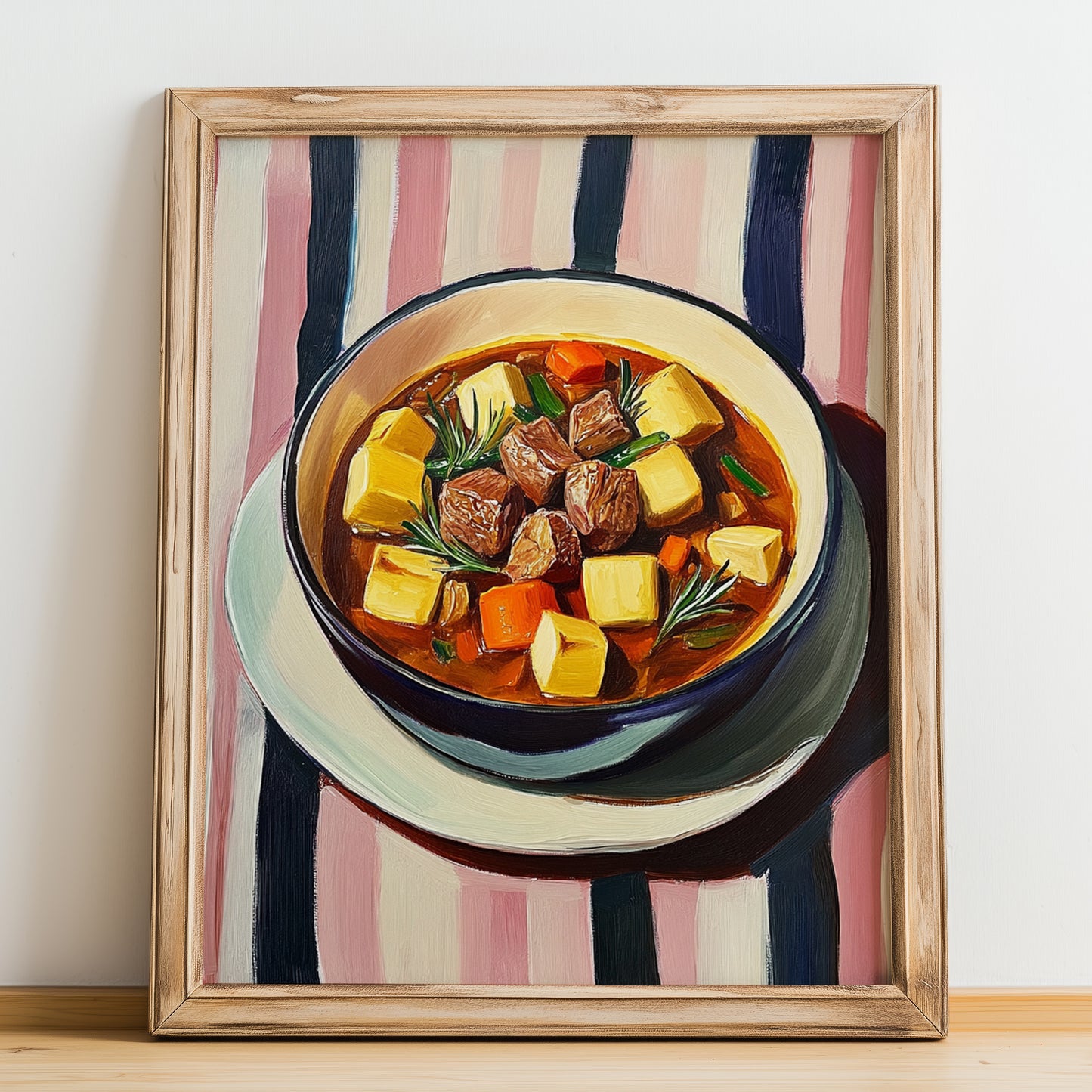 Pot-au-feu – on Striped Tablecloth, French Food Painting, no-text version framed in wood
