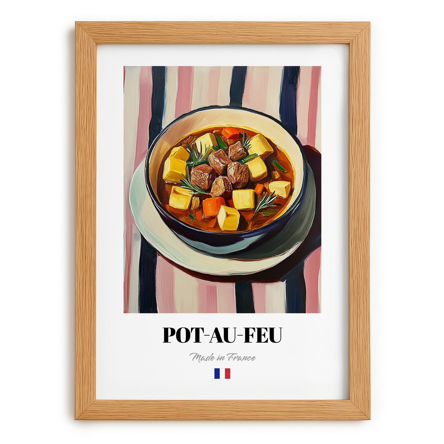 Pot-au-feu – on Striped Tablecloth, French Food Painting, set in oak frame