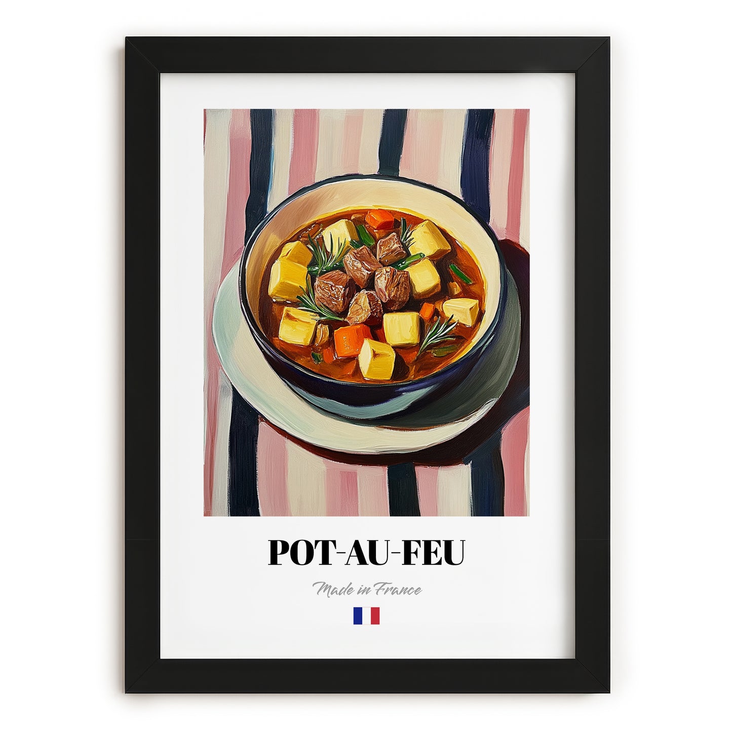 Pot-au-feu – on Striped Tablecloth, French Food Painting, in sleek black frame