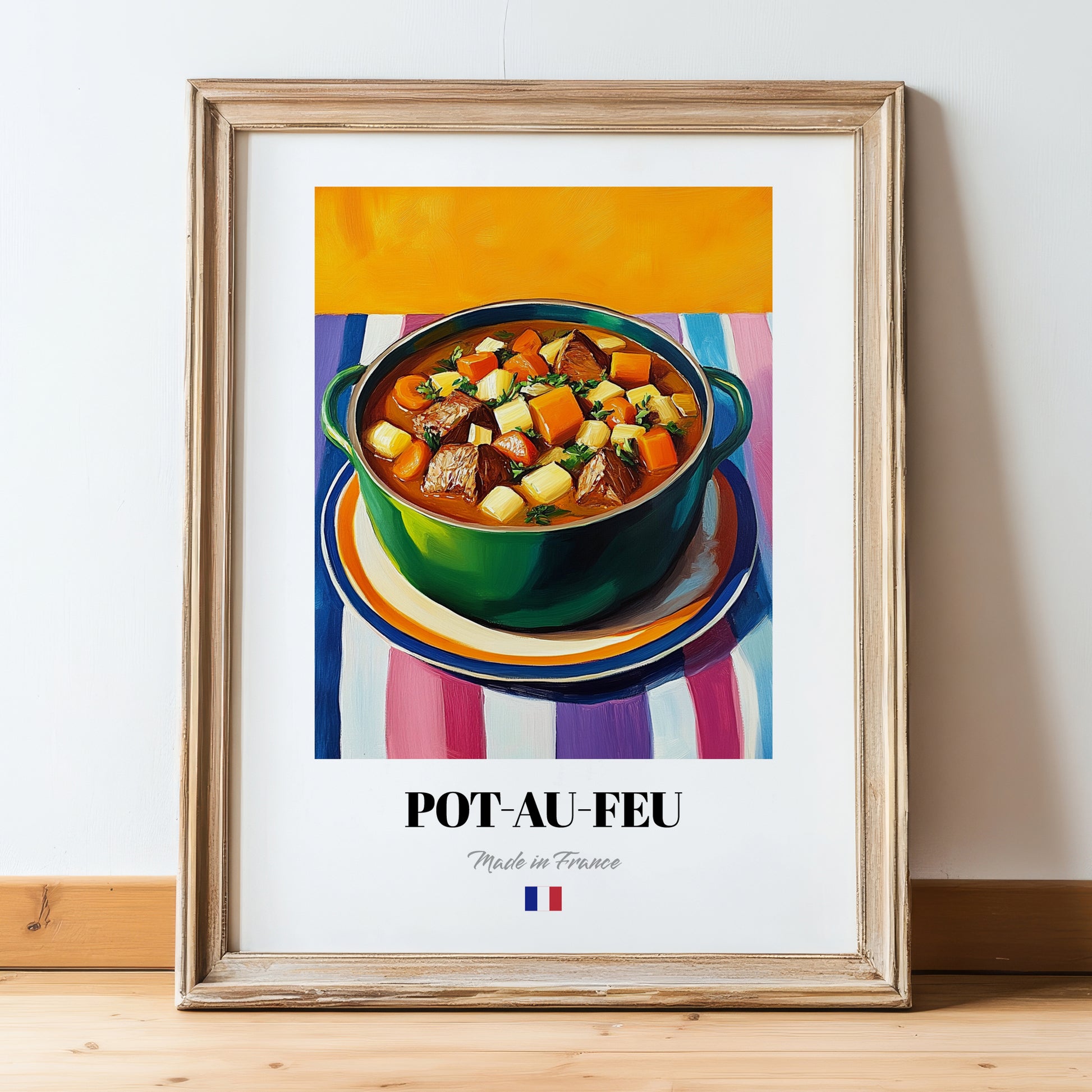 Pot-au-feu – Oil Painting, French Food Print, in wooden frame leaning on the floor