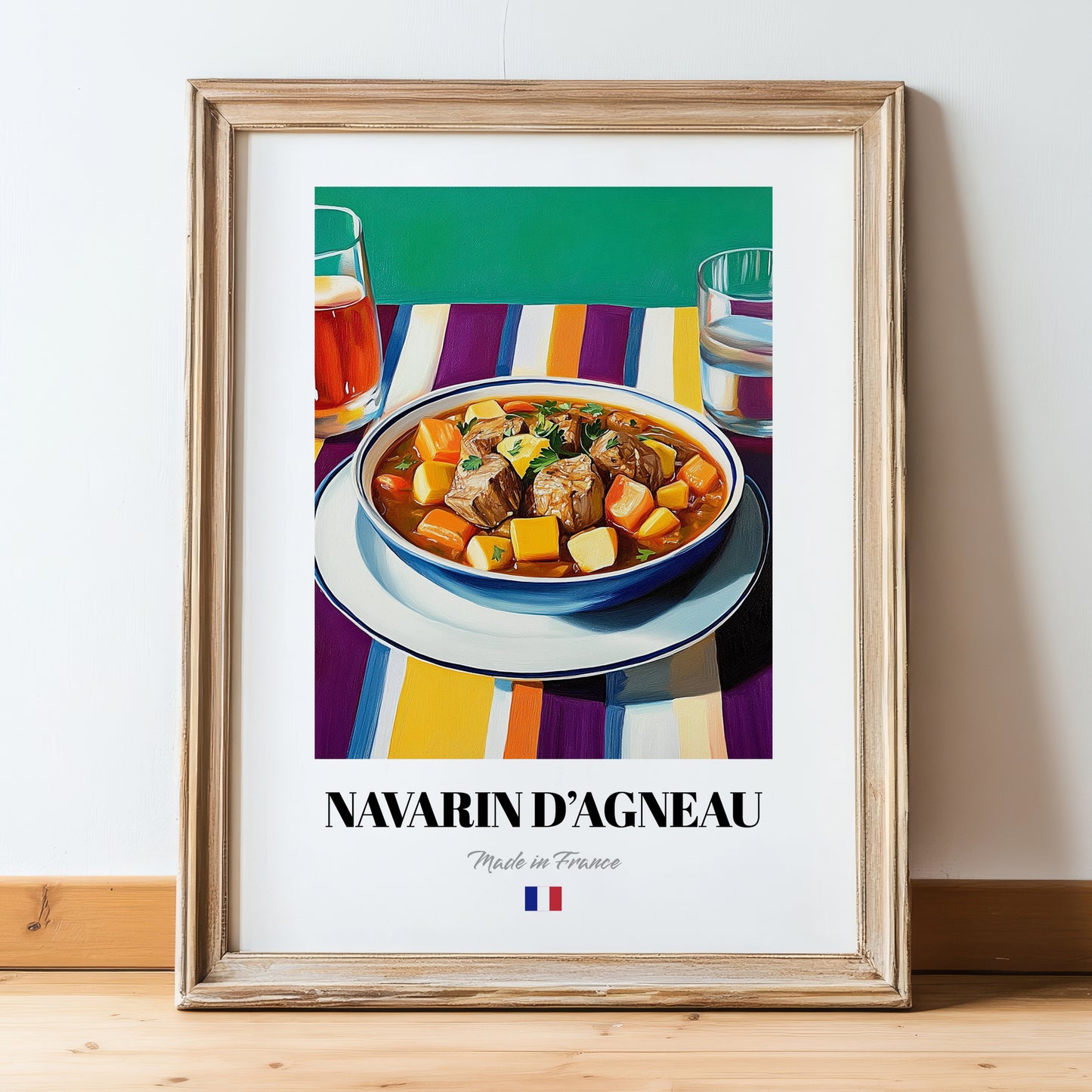 Navarin d’Agneau – Colorful Oil Painting, French Food Poster, in wooden frame leaning on the floor