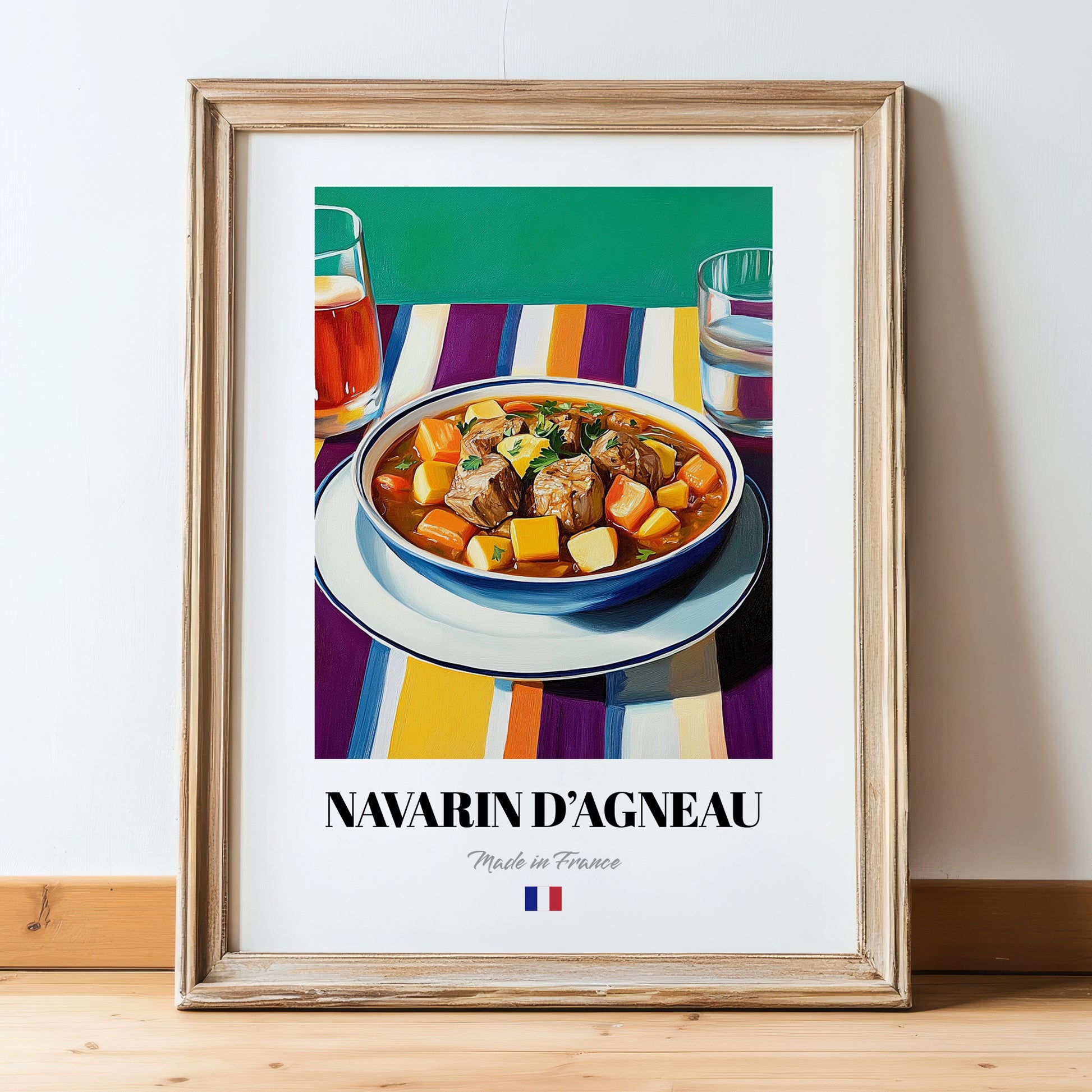 Navarin d’Agneau – Colorful Oil Painting, French Food Poster, in wooden frame leaning on the floor