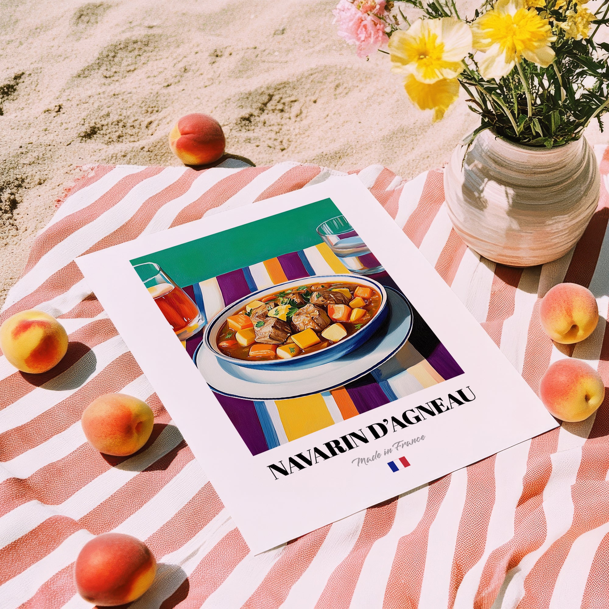 Navarin d’Agneau – Colorful Oil Painting, French Food Poster, unframed on coastal sand