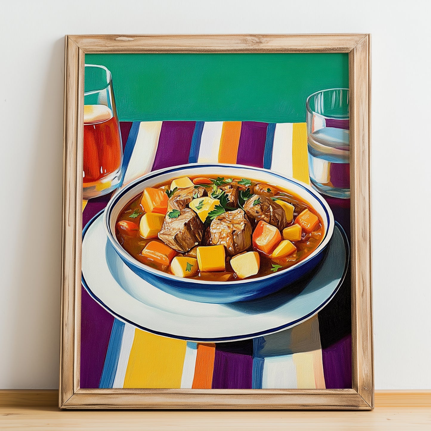 Navarin d’Agneau – Colorful Oil Painting, French Food Poster, no-text version framed in wood