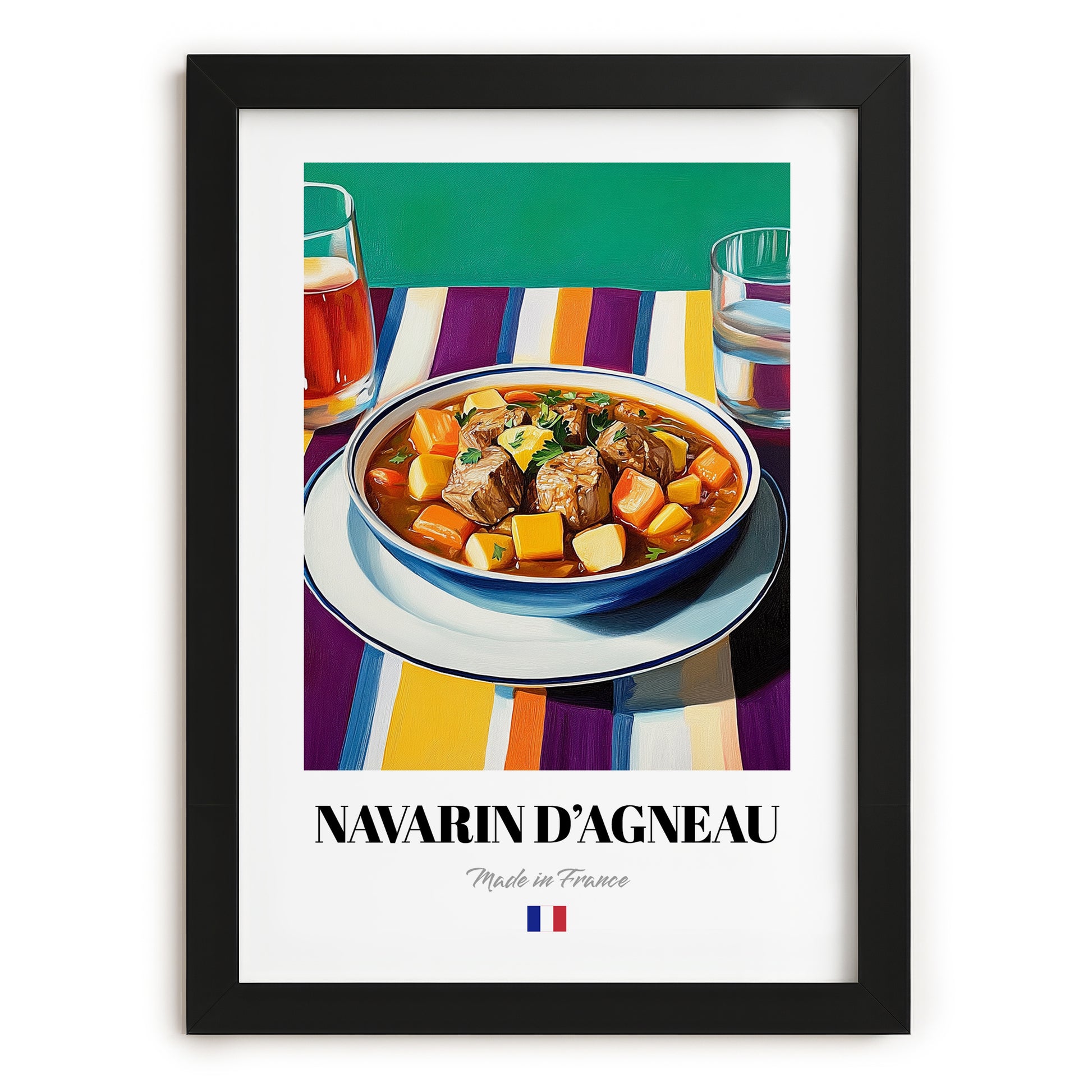 Navarin d’Agneau – Colorful Oil Painting, French Food Poster, in sleek black frame