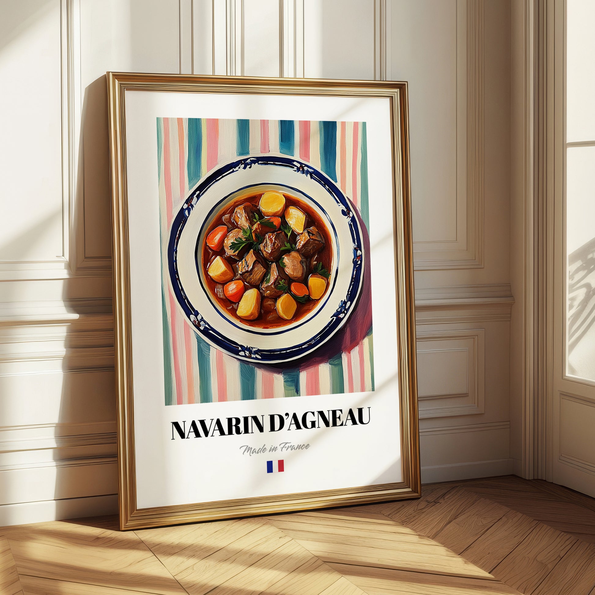 Navarin d’Agneau – on Striped Tablecloth, French Food Wall Art