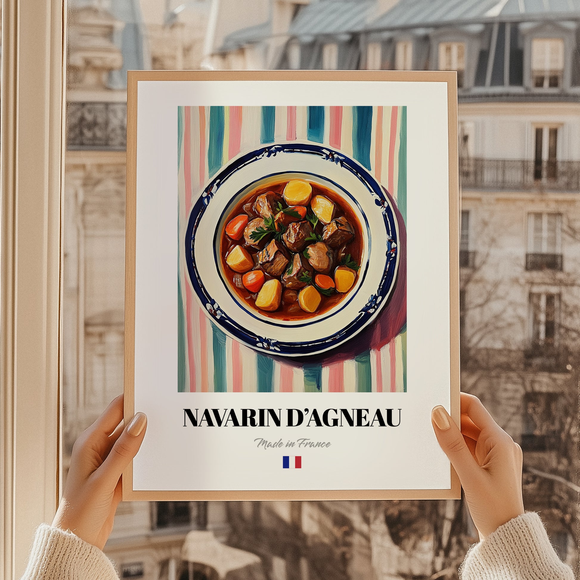 Navarin d’Agneau – on Striped Tablecloth, French Food Wall Art, styled in a charming Paris street view