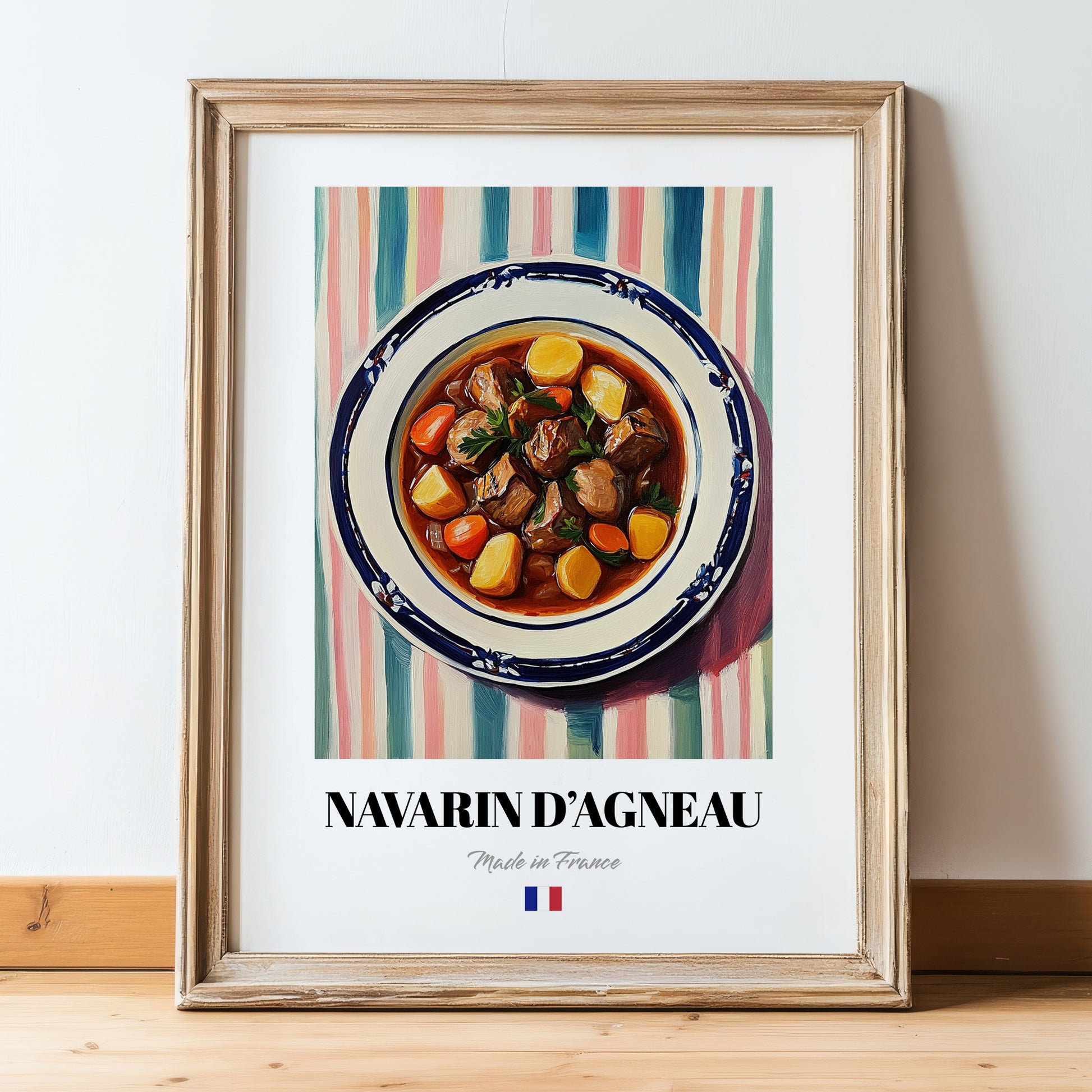 Navarin d’Agneau – on Striped Tablecloth, French Food Wall Art, in wooden frame leaning on the floor