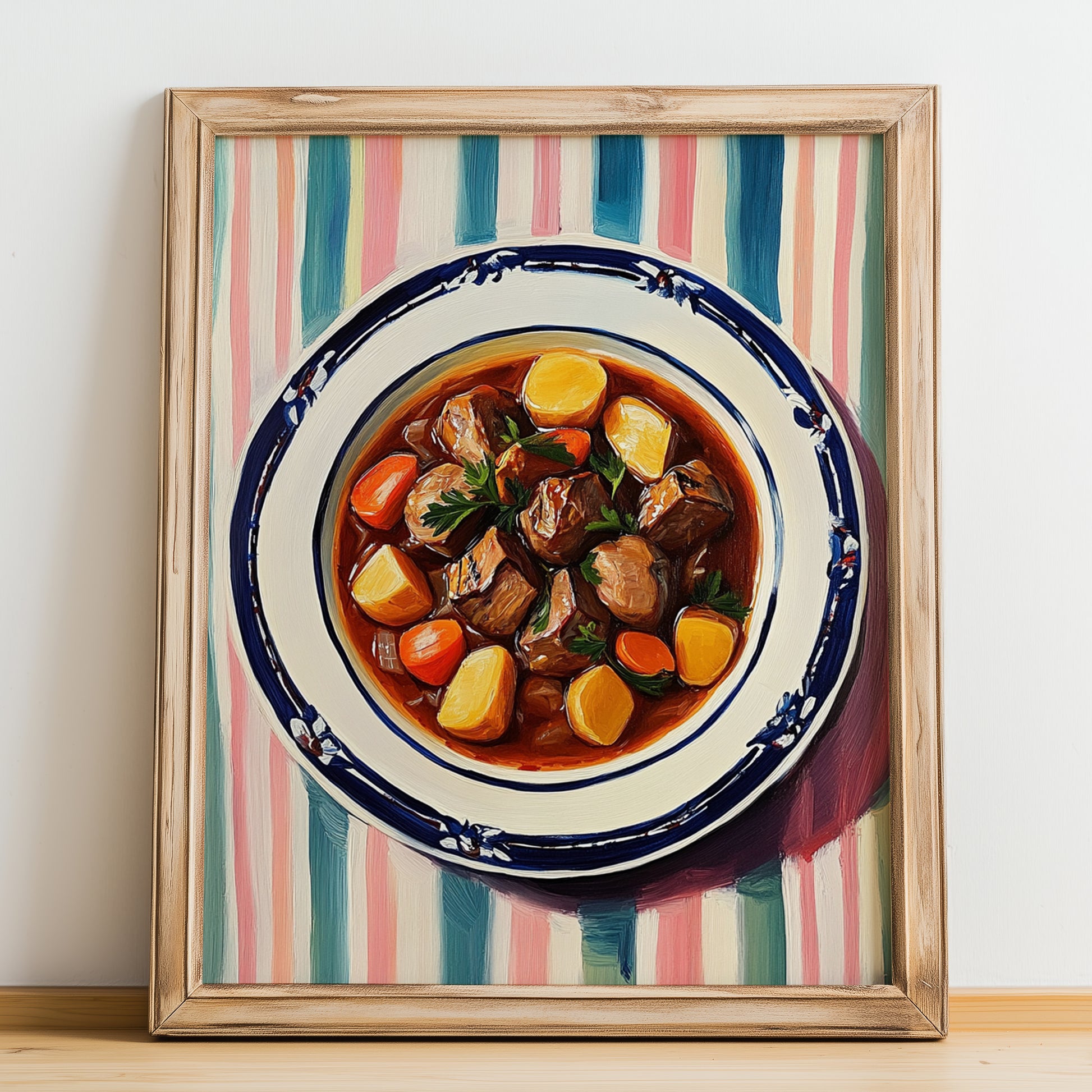 Navarin d’Agneau – on Striped Tablecloth, French Food Wall Art, no-text version framed in wood