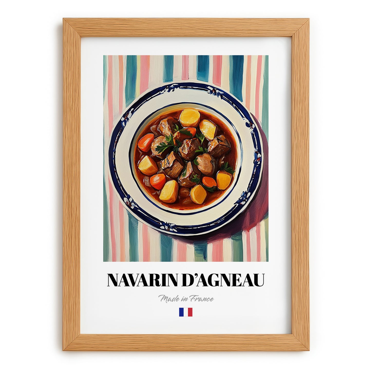 Navarin d’Agneau – on Striped Tablecloth, French Food Wall Art, set in oak frame