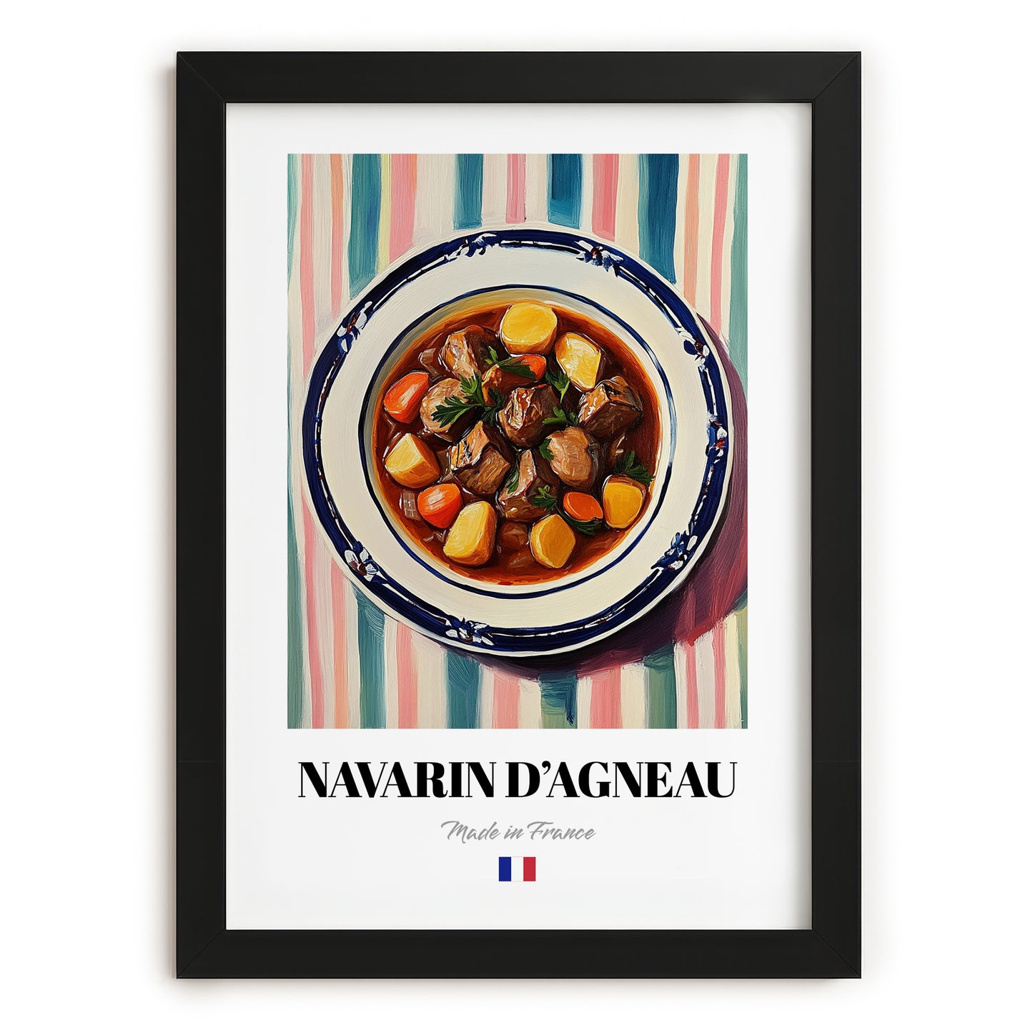 Navarin d’Agneau – on Striped Tablecloth, French Food Wall Art, in sleek black frame
