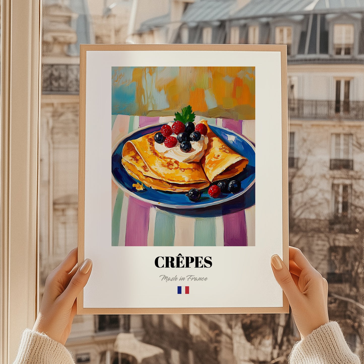 Crêpes – Art, French French Pastry Painting, styled in a charming Paris street view