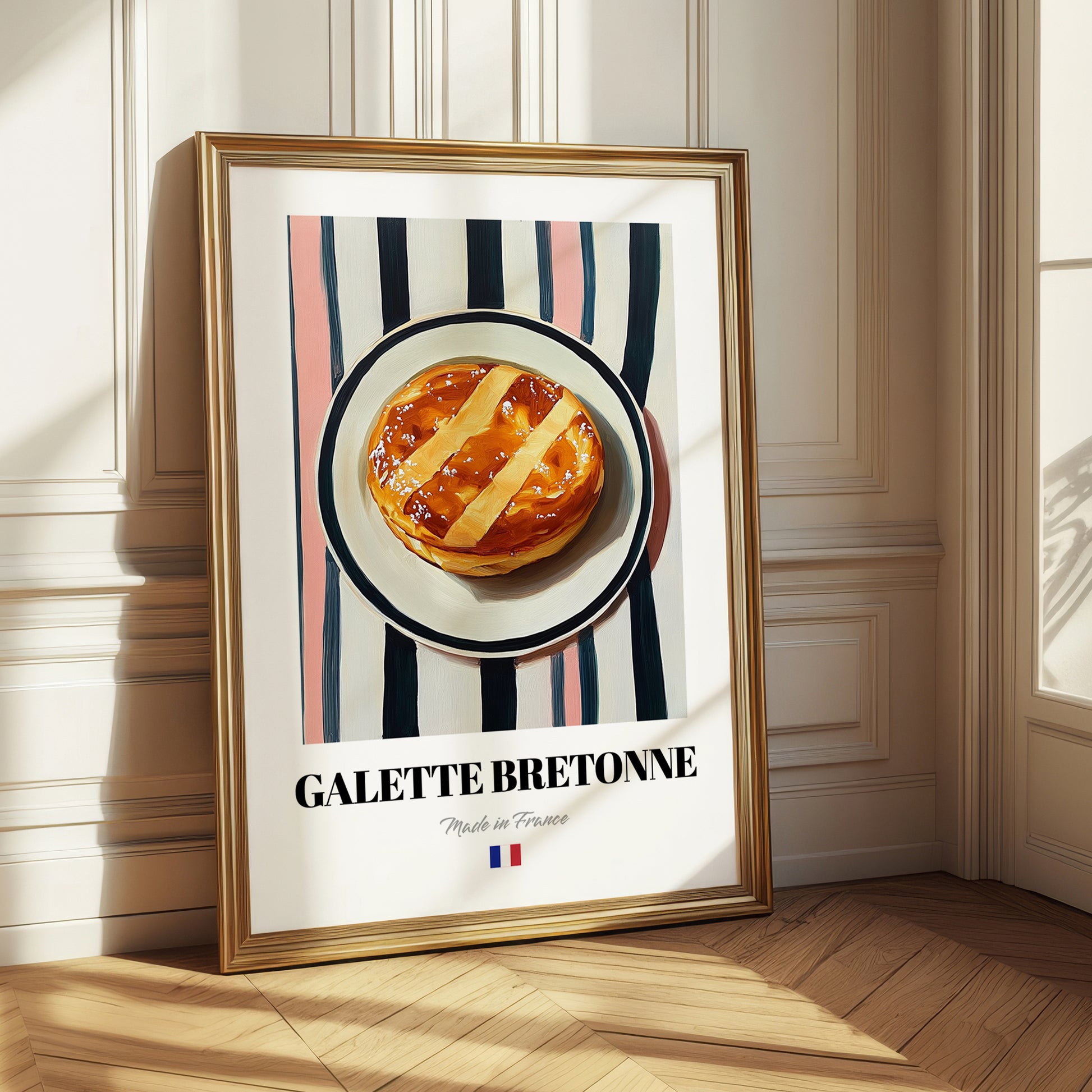 Galette Bretonne – on Striped Tablecloth, French Pastry Illustration 
