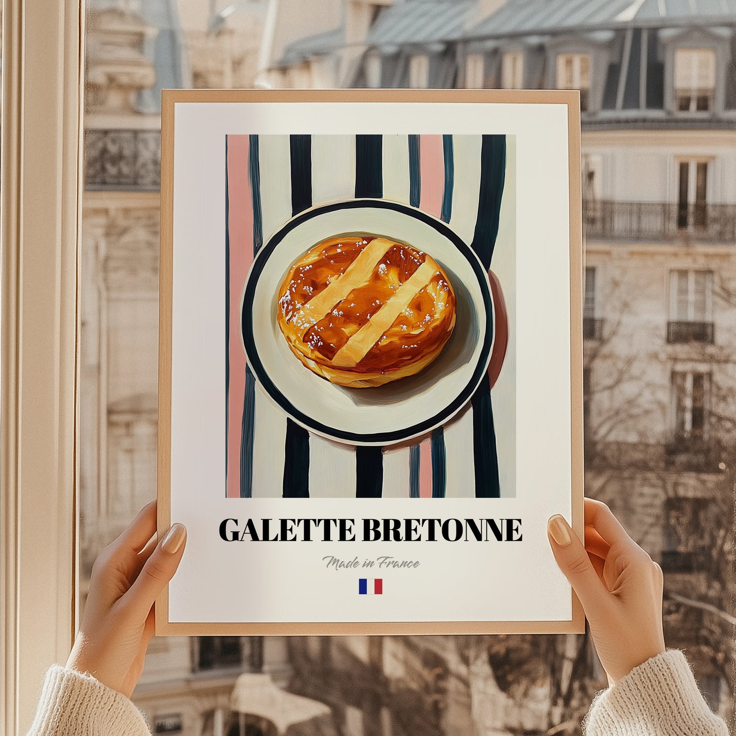 Galette Bretonne – on Striped Tablecloth, French Pastry Illustration, styled in a charming Paris street view