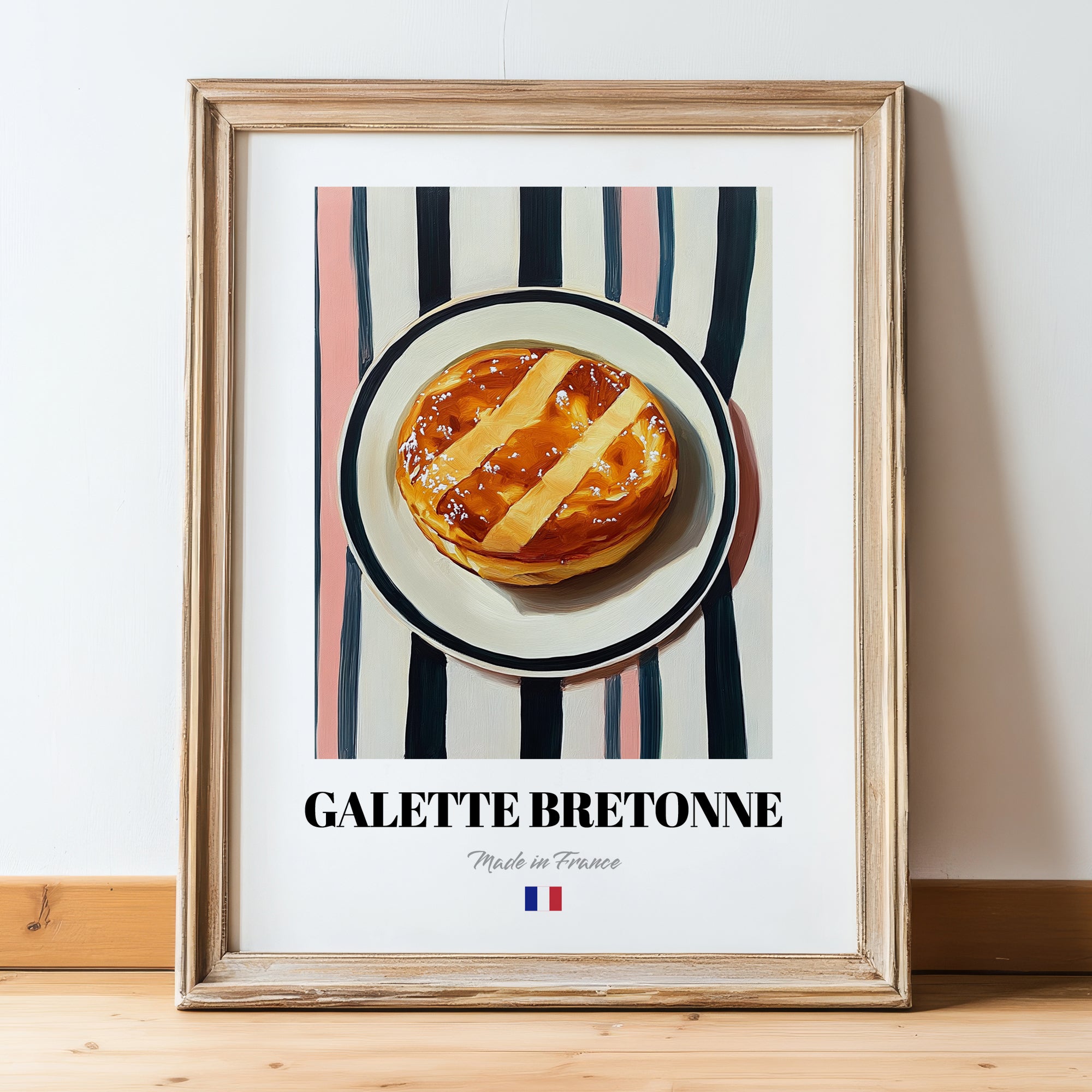 Galette Bretonne – on Striped Tablecloth, French Pastry Illustration, in wooden frame leaning on the floor